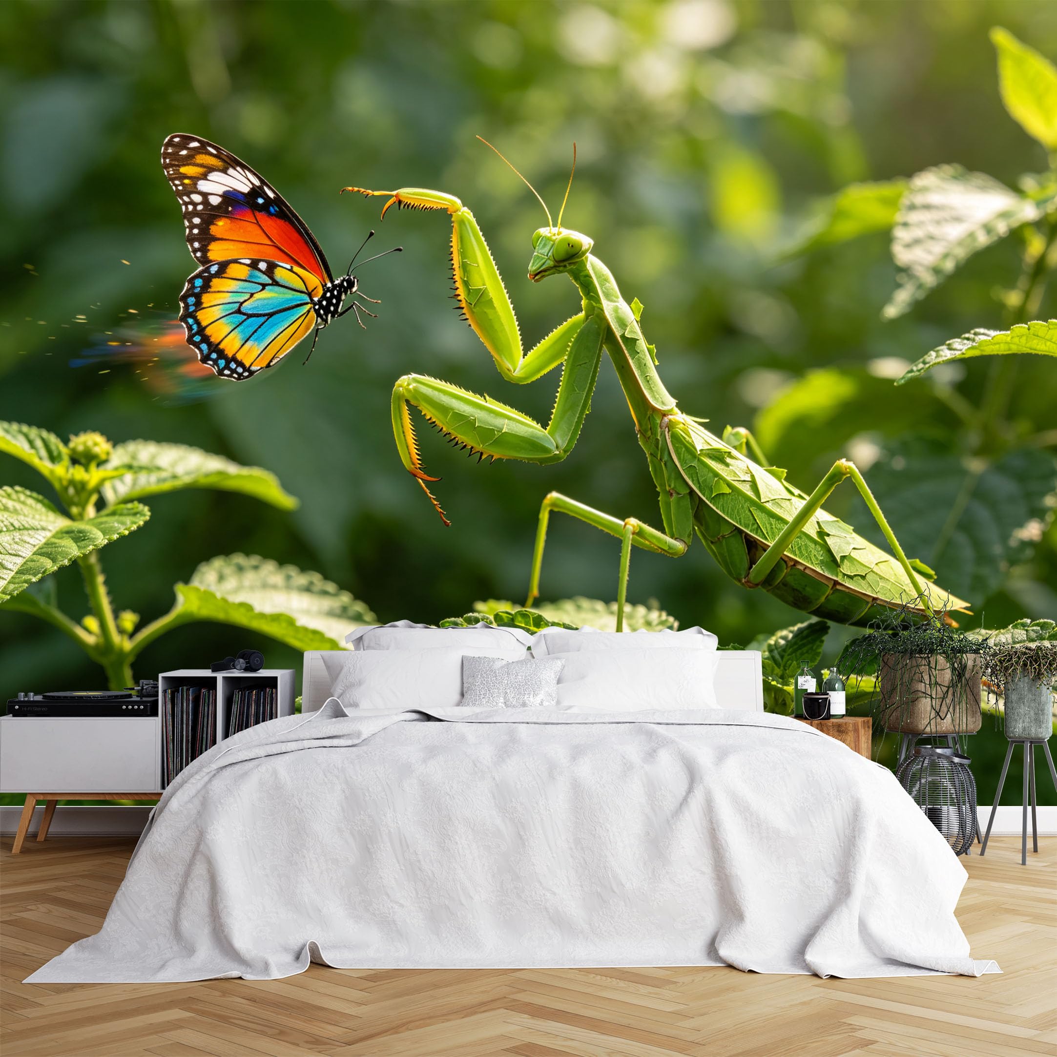 Lcythiazole Ch260615168 Custom Size Wall Murals Mantis Hunting Colorful Butterfly Green Foliage Wall Murals Wildlife Nature Wallpaper Realistic Self-Adhesive Removable Wallpaper For Kids Room