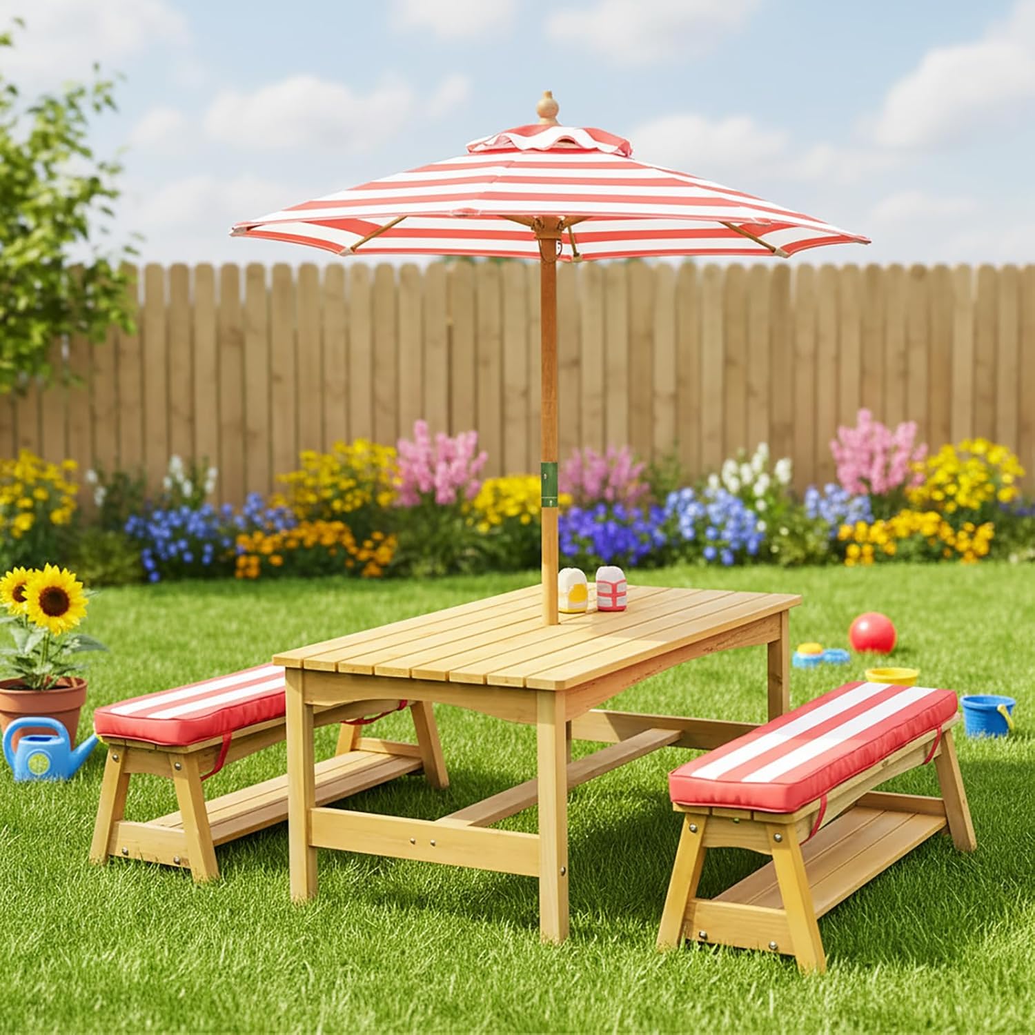 Kids Table & Chair Set, Toddler Wooden Activity Table with Umbrella & Padded Cushions, Indoor Outdoor Furniture for Patio, Garden, Backyard, Picnic, Sensory Play for Toddlers 3- Red 35.8x59.8