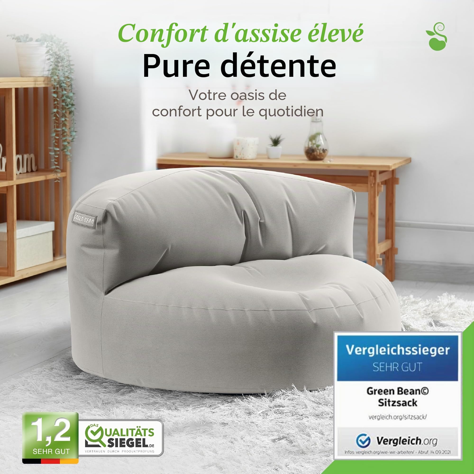 Green Bean© Canapé-Sac avec matériau de Remplissage | Lounge en Design de Pouf 90 x 50 cm avec Dossier Ergonomique & Housse Lavable | Convient pour l'intérieur et l'extérieur en Gris Clair