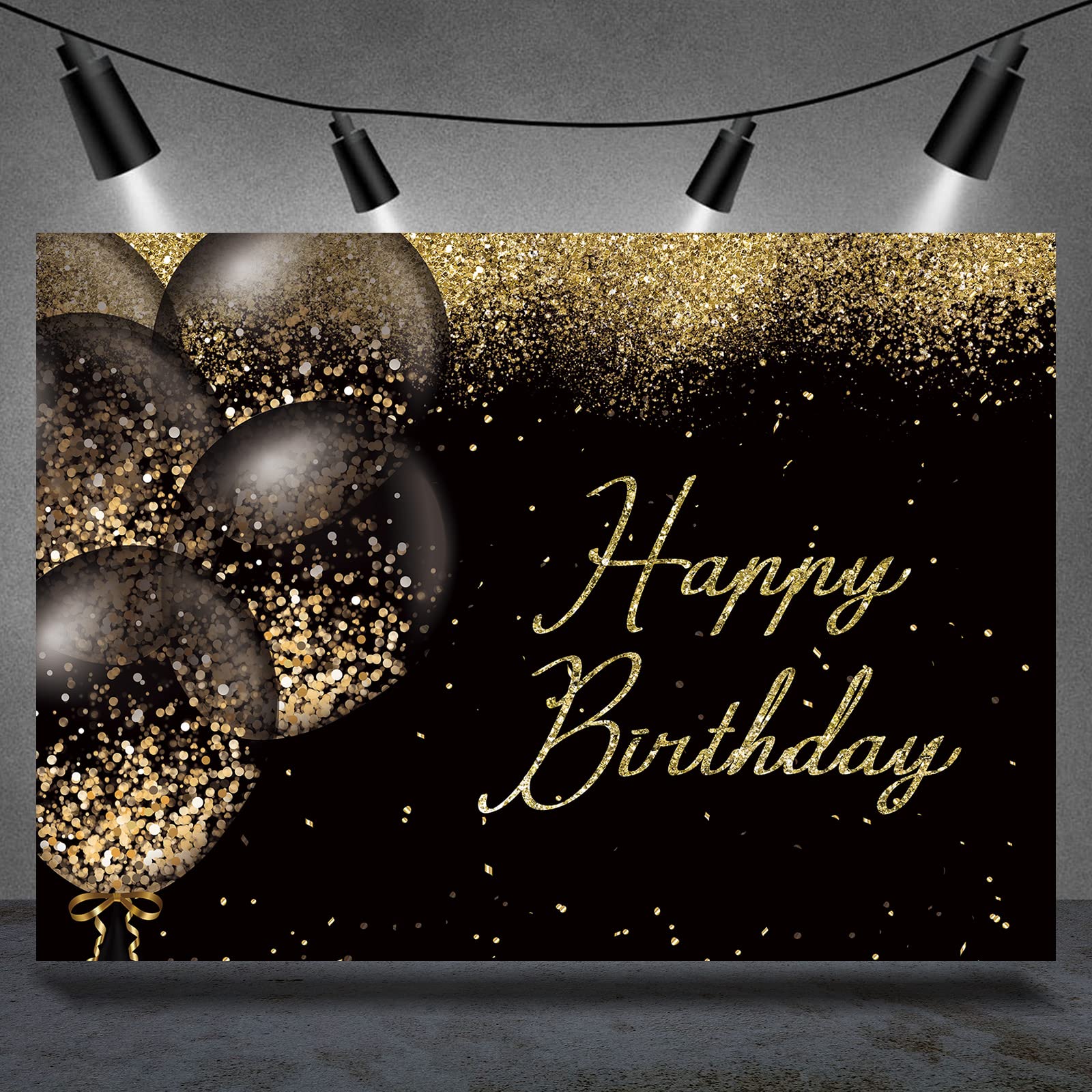 Rsuuinu Happy Birthday Backdrop Black and Gold Glitter Bokeh Balloons Photography Background Birthday Party Golden Sparkle Bday Banner Decorations