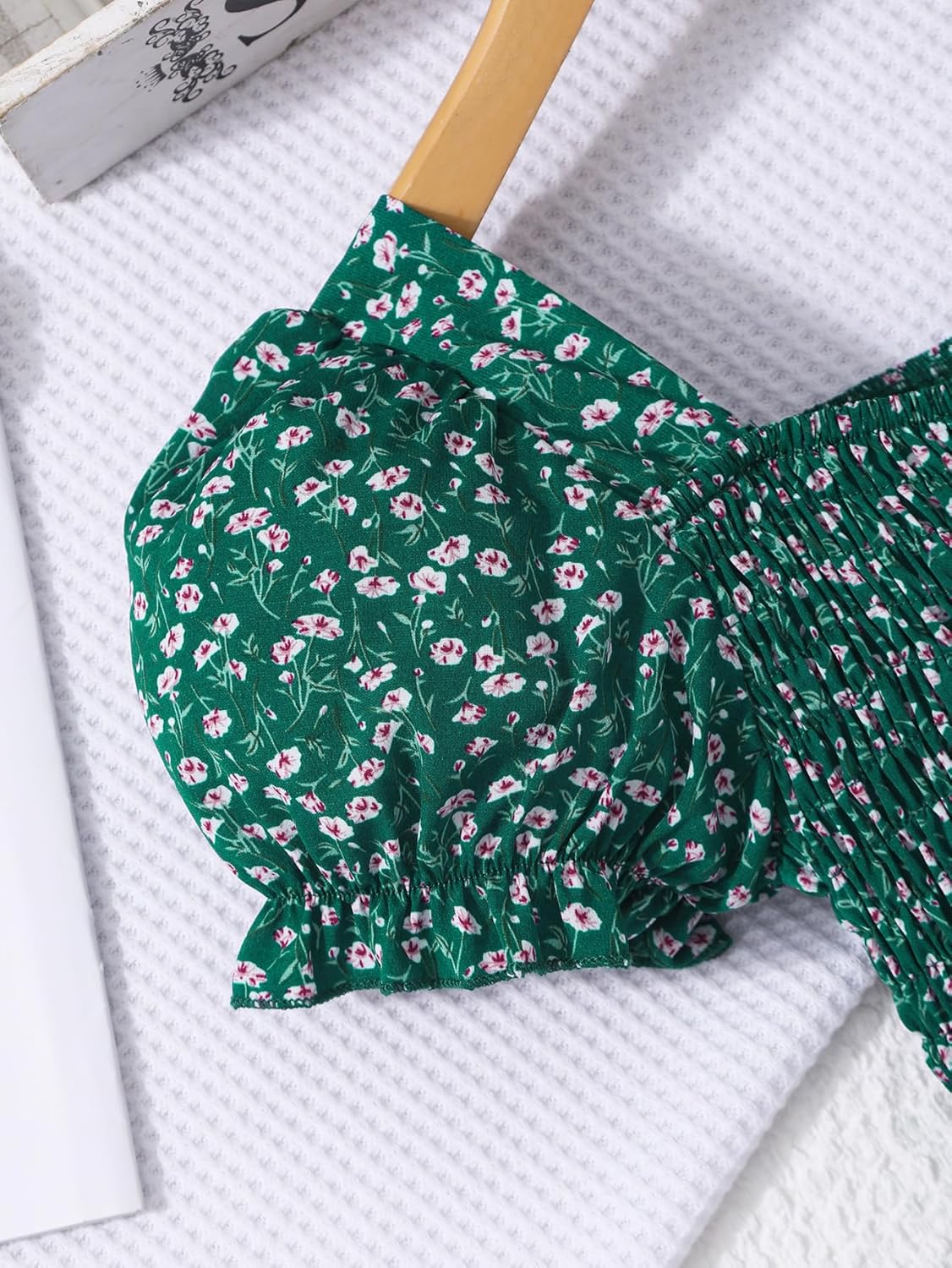 Seechoslo 2025 Tween Girls’ Cute Short Sleeve Square Neck Smocked Elastic Short Sleeve Woven Shirt Top - Image 5