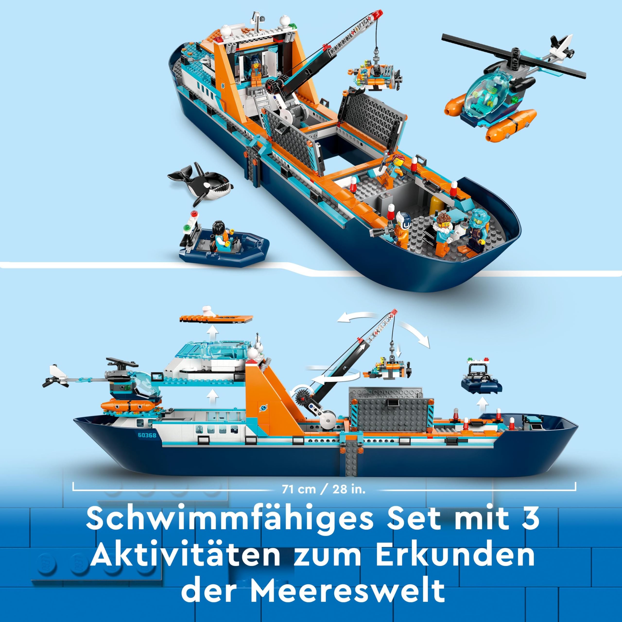 LEGO 60368 City Arktis-Forschungsschiff, großes schwimmfähiges Spielzeug-Boot mit Hubschrauber, Beiboot, ROV-U-Boot, Wikingerschiffswrack, 7 Minifiguren & Orca-Figur, Geschenk für Kinder ab 7 Jahren