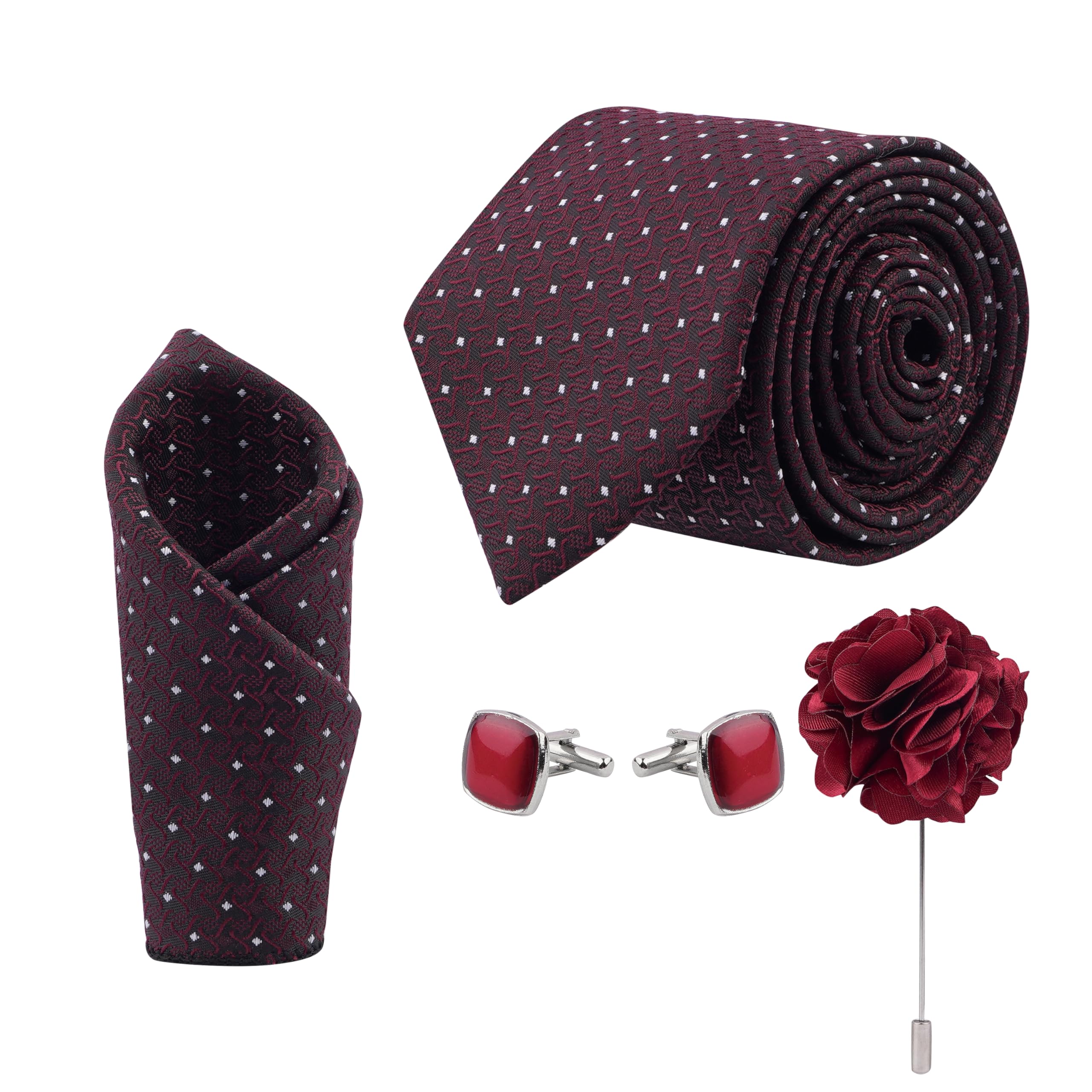 calixto Men'S Wine Color Dotted Jacquard Print Ties, Micropoly Formal Necktie With Pocket Square, Silky Feel (Pack Of 4).-picture-35