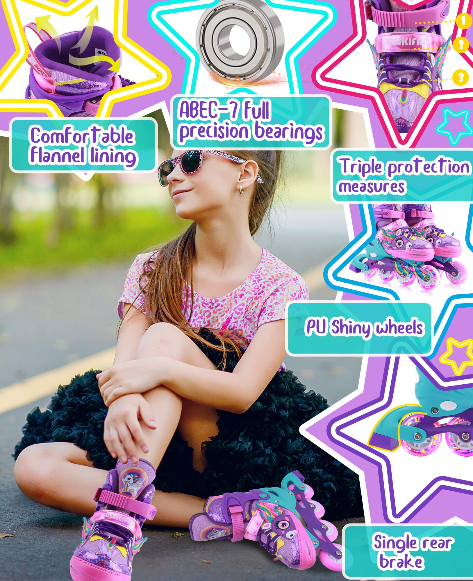 Pattini in linea con unicorno, per bambini, regolabili, per bambini, con ruote luminose, per bambini, per adolescenti, principianti, regali di compleanno e Natale