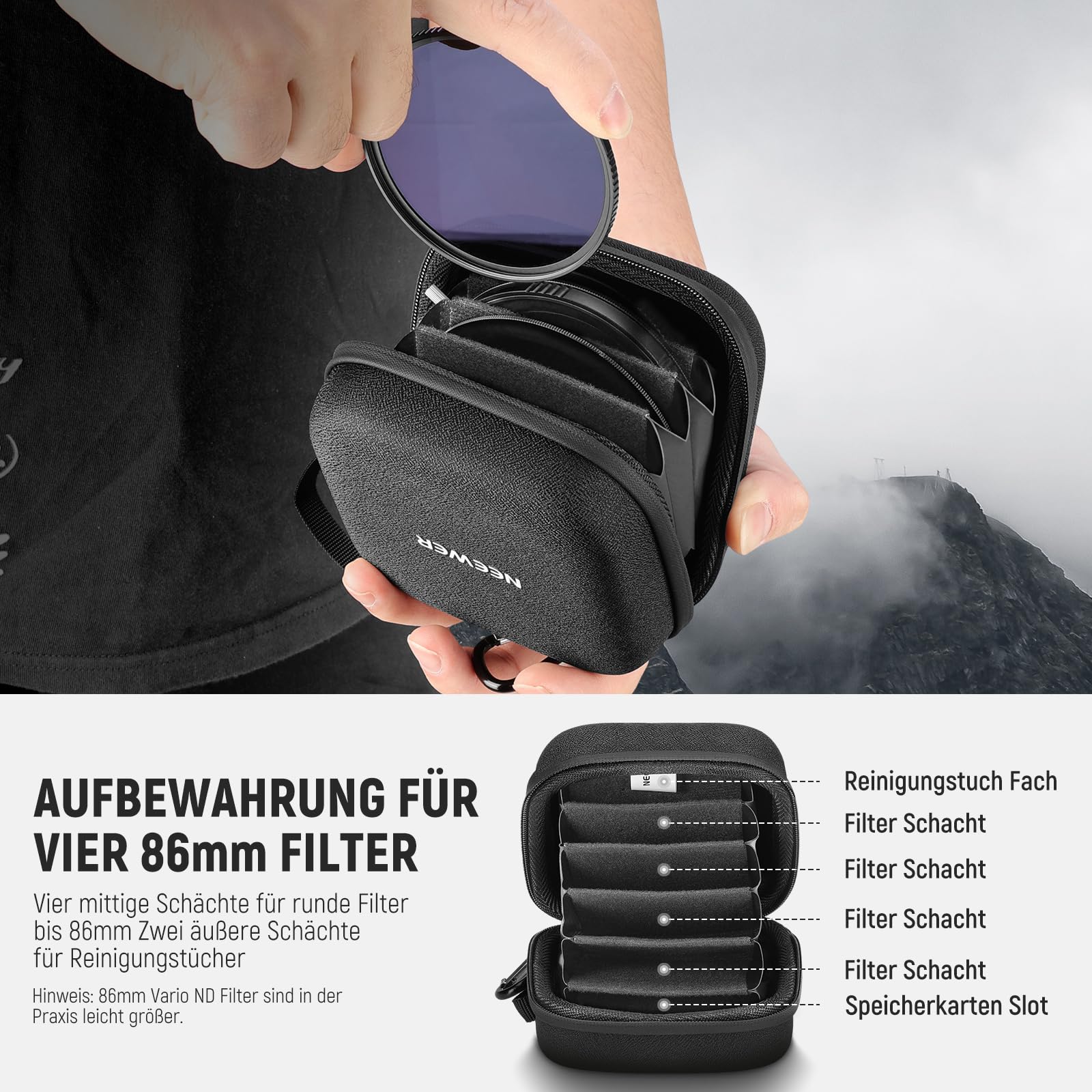 NEEWER PB12 11 x 11cm Filter Aufbewahrungstasche mit erweiterbaren Unterteilungen, Handschlaufe und Karabiner für 4 Rundfilter 86mm