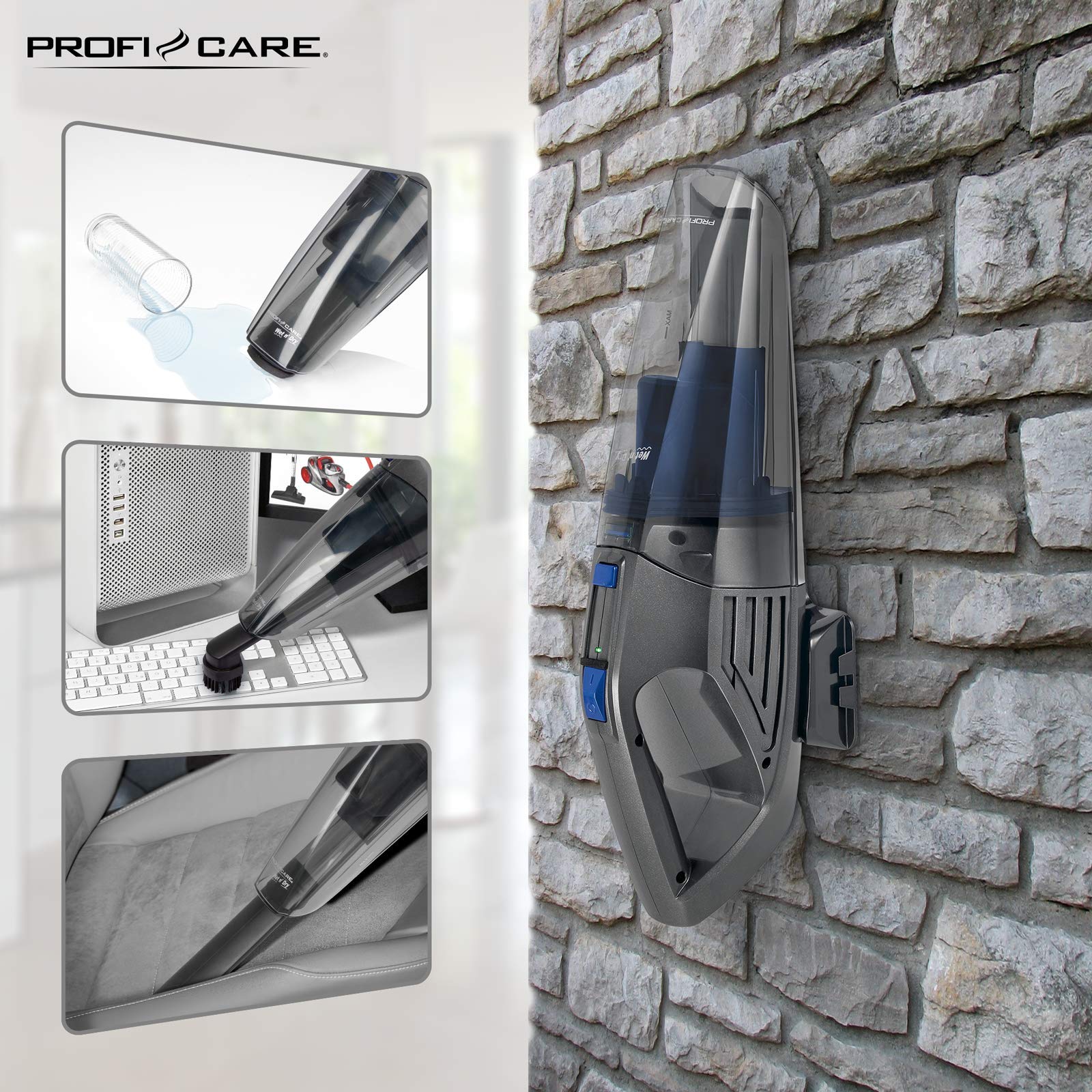 PROFI CARE PC-AKS 3034, 3034-Aspirapolvere, 2 in 1, per Bagnato e Secco in Uno, Adatto a Tutte Le superfici, Potente Batteria agli ioni di Litio da 14,8 V, Colore, Alluminio, Blu-Antracite