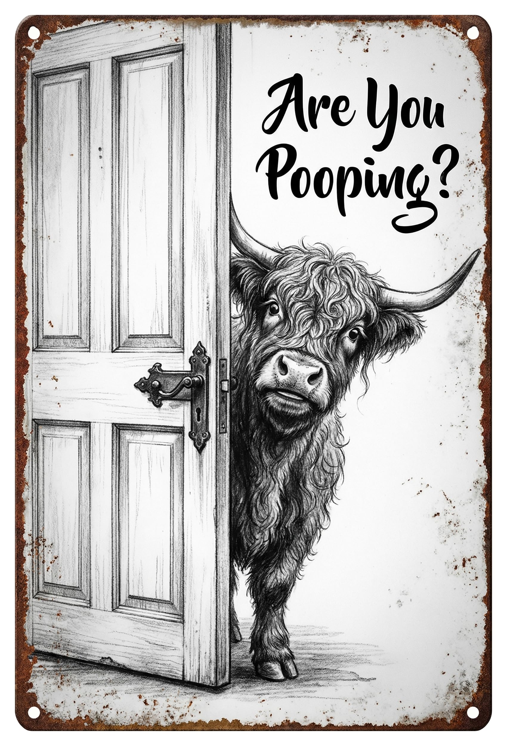 Funny Bathroom Decor Highland Cow Are You Pooping Sign - Moisture Resistant Aluminum Wall Art - Rustic Farmhouse Humor Plaque for Restroom or Washroom 8x12 Inch