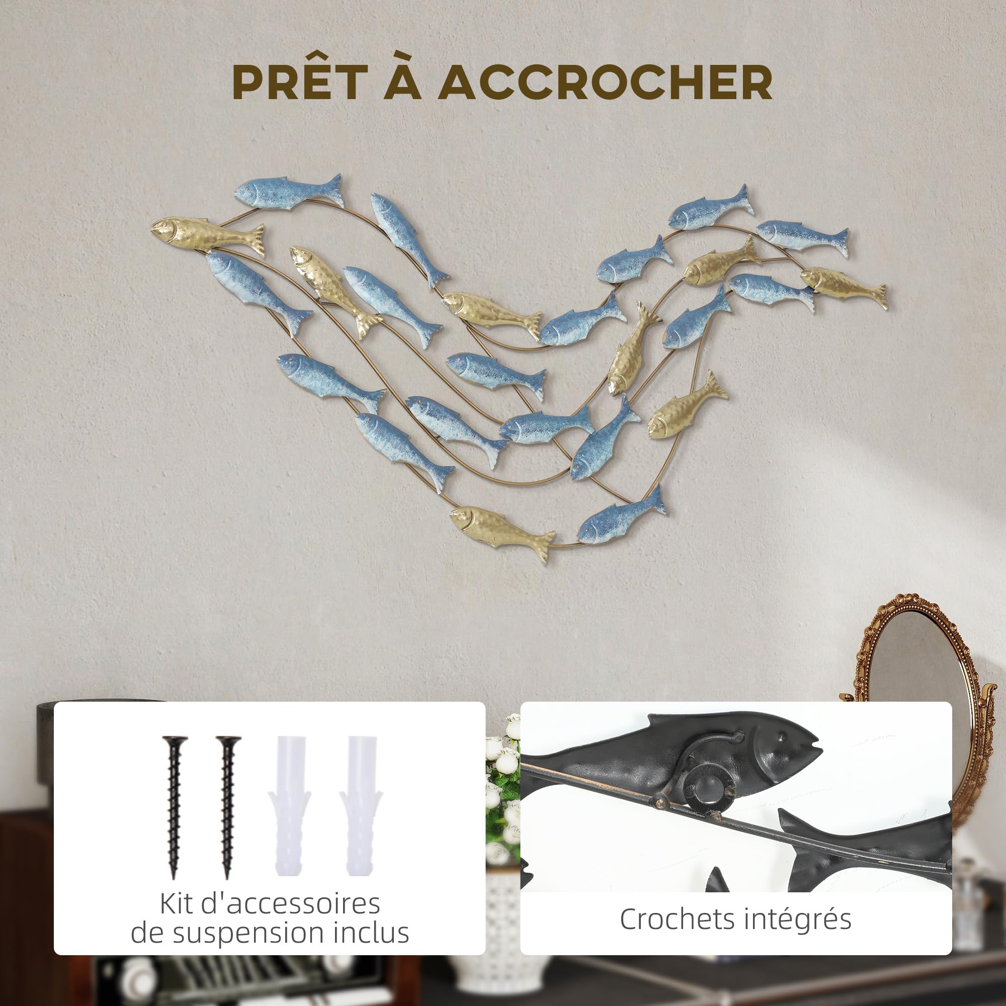 HOMCOM Décoration murale en métal moderne Poisson 100 x 50 cm bleu clair