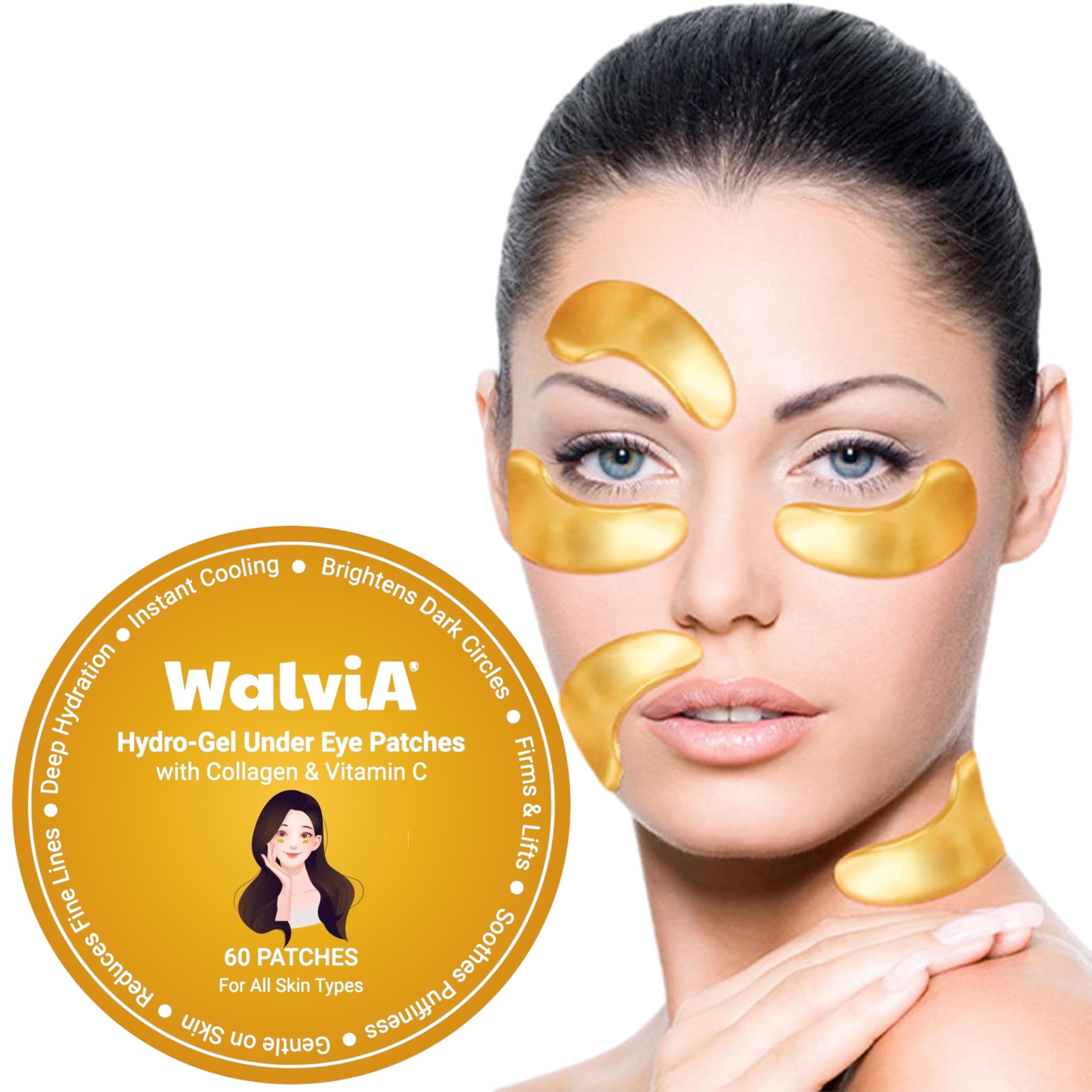 WALVIA Under Eye Patches - Hydra Anti Wrinkle Eye Serum Patch Anti-Aging Under Eye Mask for Removing Dark Circles, Repair Fine Lines Puffiness & Wrinkles(60 Pcs) (Medium, Golden) - Image 7 thumbnail