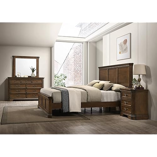 Roundhill Furniture Maderne Traditional Wood Panel Bed with Dresser, Mirror, Nightstand, Queen, Antique Walnut Finish