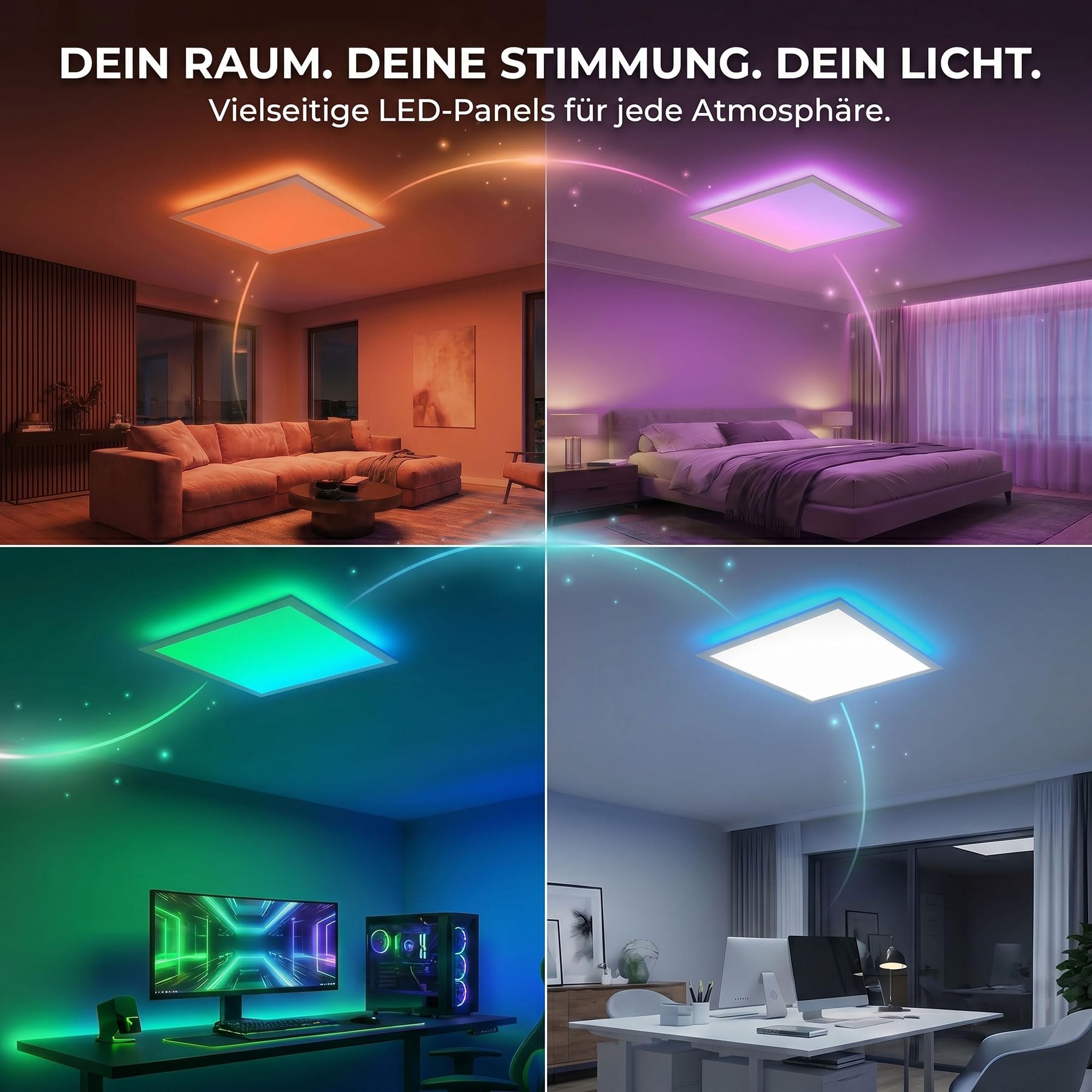 Maxkomfort LED RGB Deckenleuchte - Dimmbar, 3 Lichtfarben, RGB-Farbwechsel & Indirekte Beleuchtung - Modernes Panel für Wohnzimmer, Schlafzimmer, Büro - 45x45 cm - Weiß
