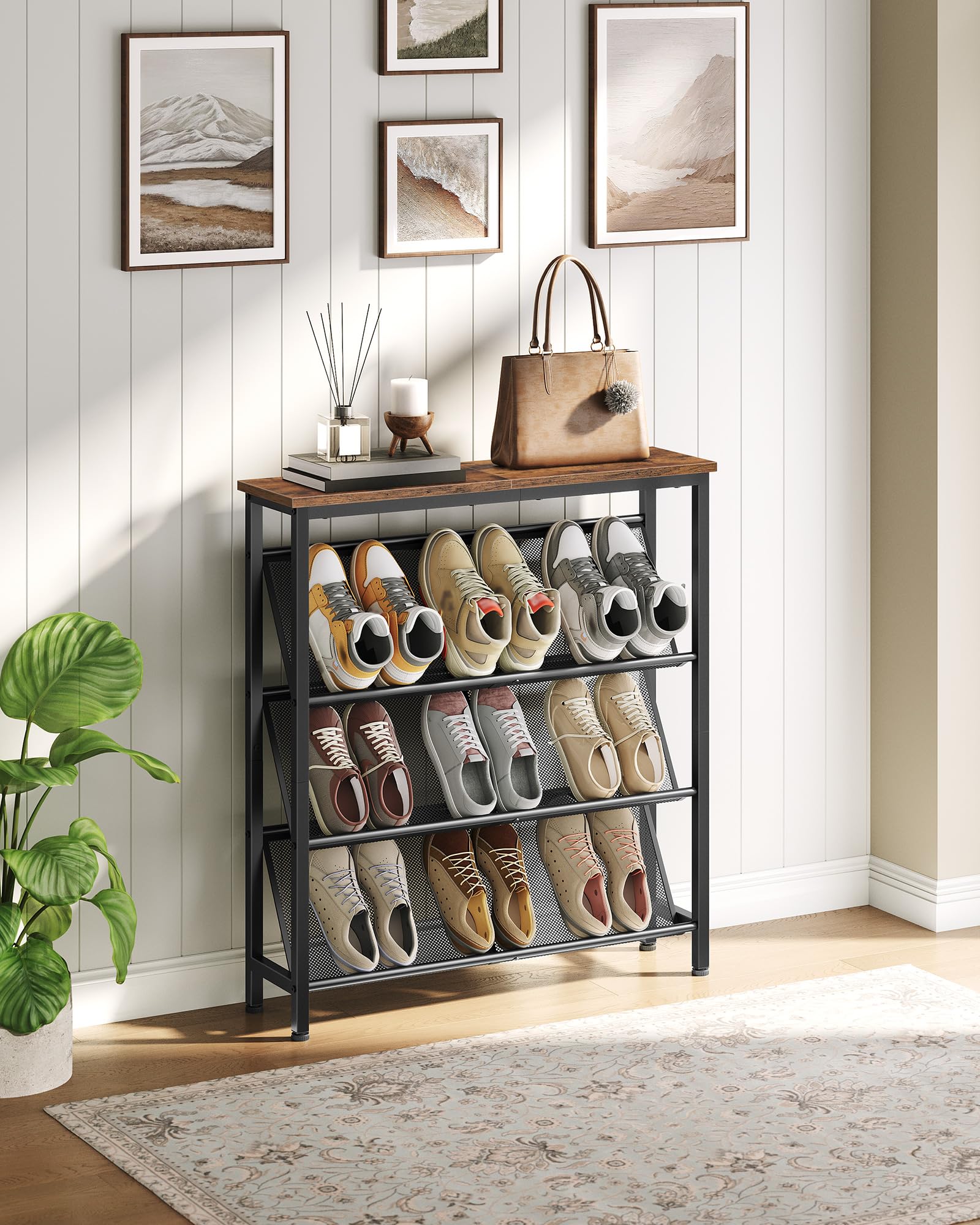 CHOEZON Schuhregal, 4-stufige Schuhablage, Schuhschrank schmal, Schuhständer, Schuhaufbewahrung, Schuh-Organizer, platzsparend, für Eingangsbereich, Garderobe, Flur, Vintagebraun und Schwarz DTXJ75BF