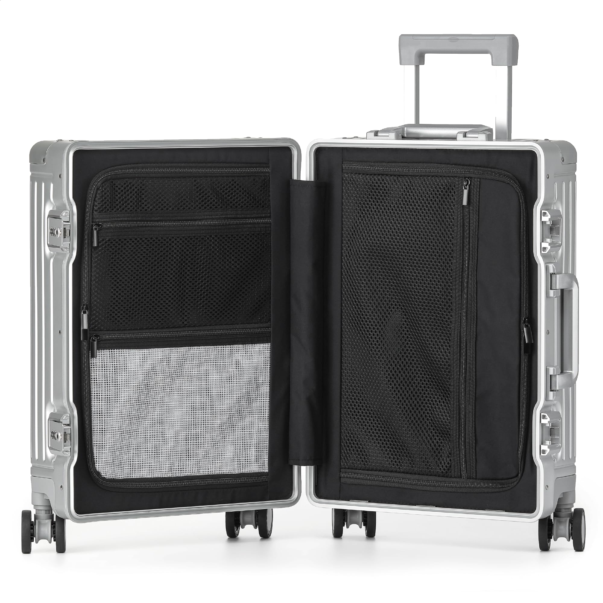 KOFA Geneva Bagaż podręczny, 55 cm, rama aluminiowa i twarda obudowa z poliwęglanu, walizka kabinowa, walizka na kółkach Spinner z 4 rolkami i podwójnym zamkiem TSA, 35 l, srebro, 55x37x23 cm