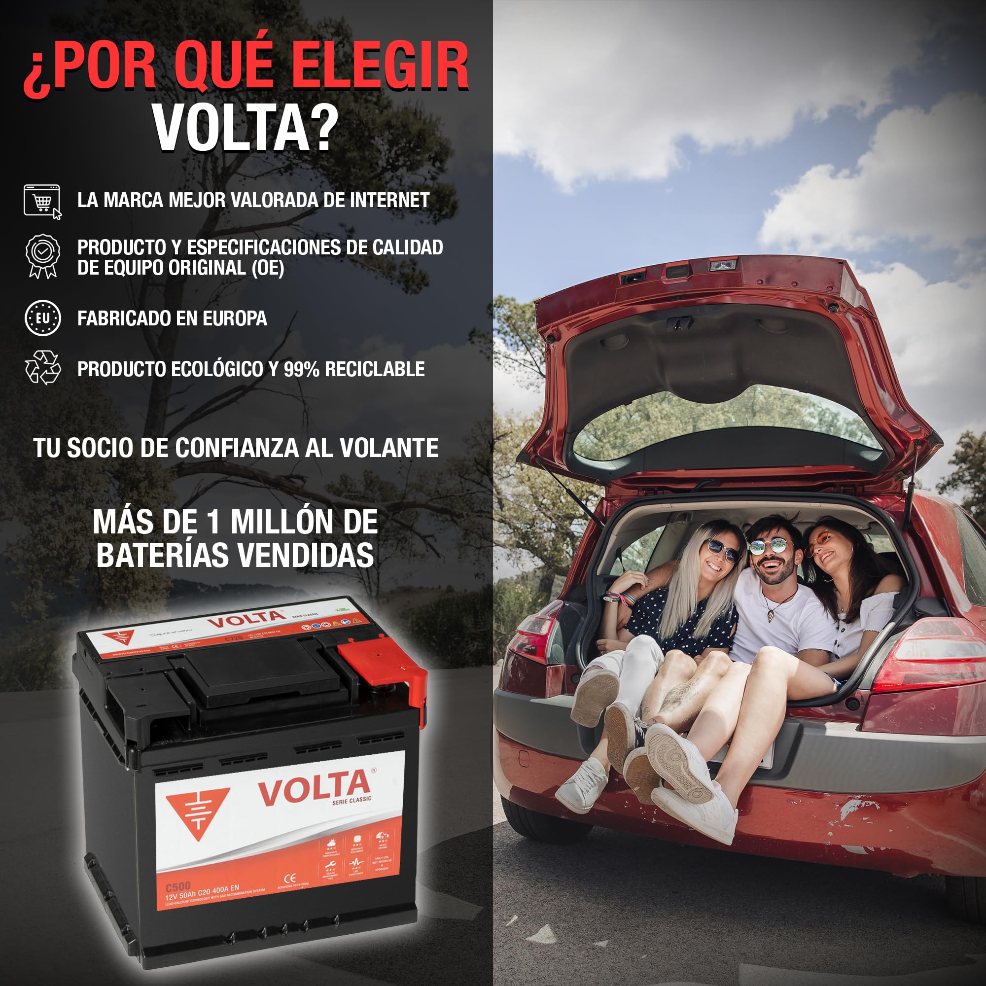 Bateria de Coche 50Ah 400A - Volta Classic C500D - Borne +Dcha - Medidas Largo 207 x Ancho 175 x Alto 190 mm con 2 años de Garantía - Fabricación Europea.