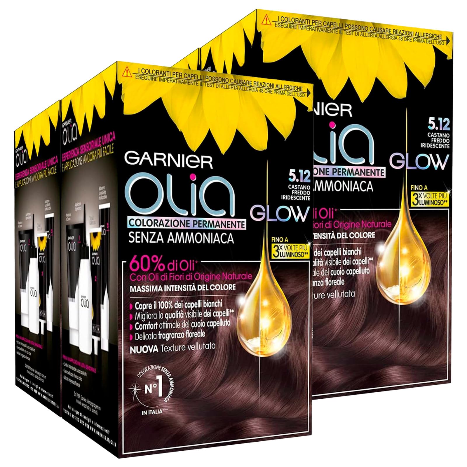 Garnier Olia Glow - Tinte permanente para el cabello, 5.12, castaño frío iridiscente, sin amoníaco, fragancia delicada, 4 tintes