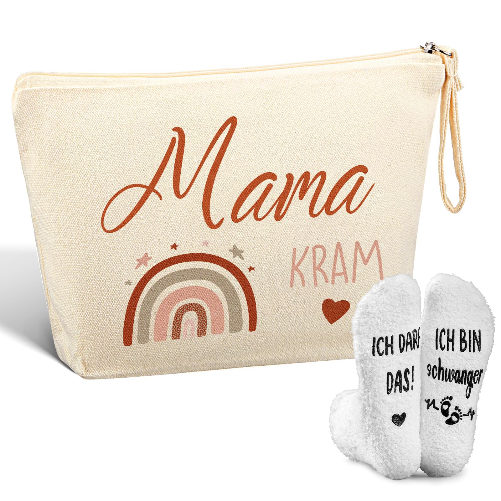 Jadive 2 Stück Geschenk Schwangerschaft Set Geschenk Werdende Mama Kosmetiktasche mit Reißverschluss Mama Kram rutschfest Socken Geschenkideen Schwangerschaft für Freundin(Regenbogen)