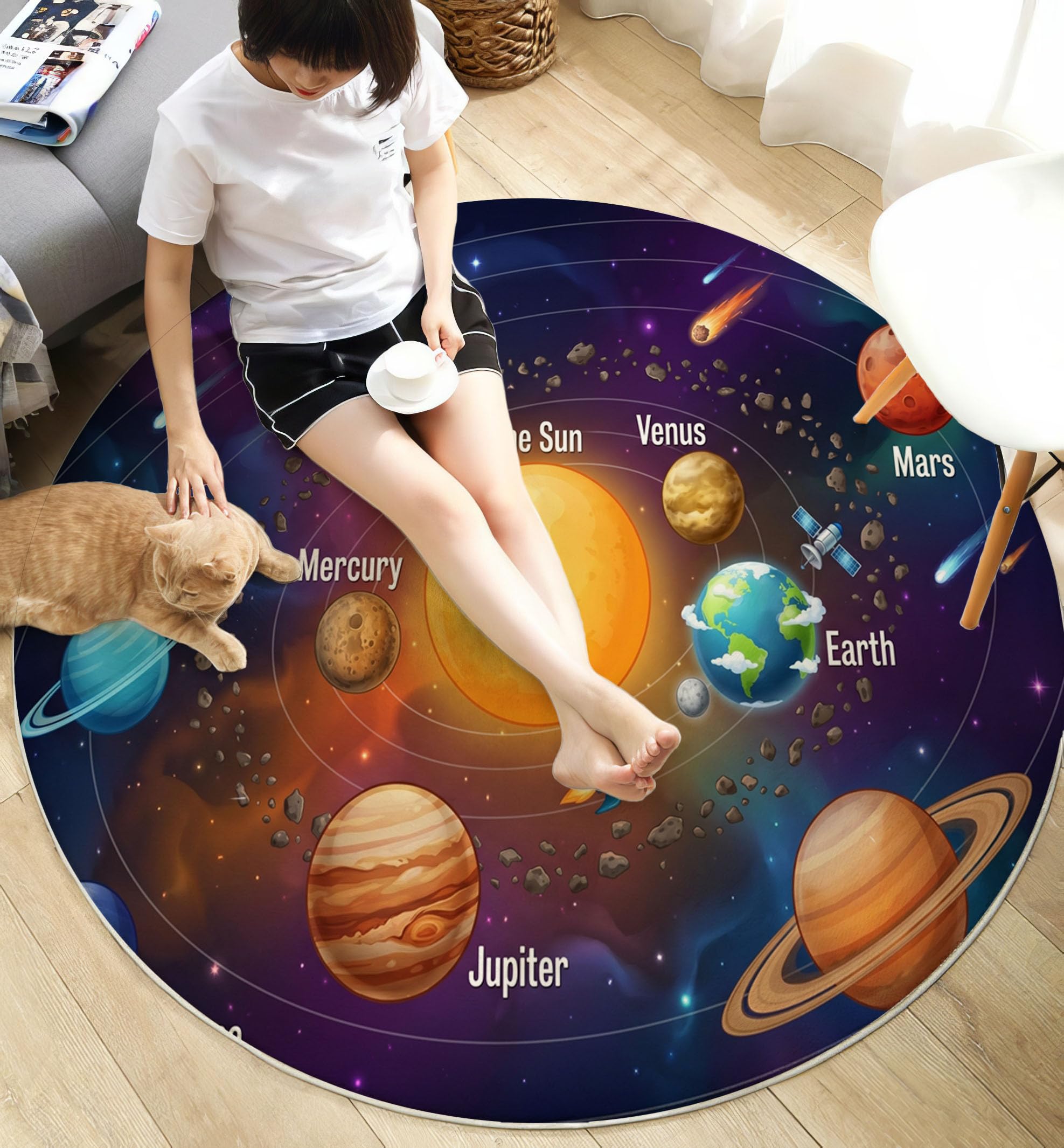 Lavable Tapis Rond Soleil Étoiles Météorites - Violet 100cm Rond - Planètes Spatiales De Dessin Animé Médaillon Tapis De Décoration pour Chambre, Couloir, Salle à Manger