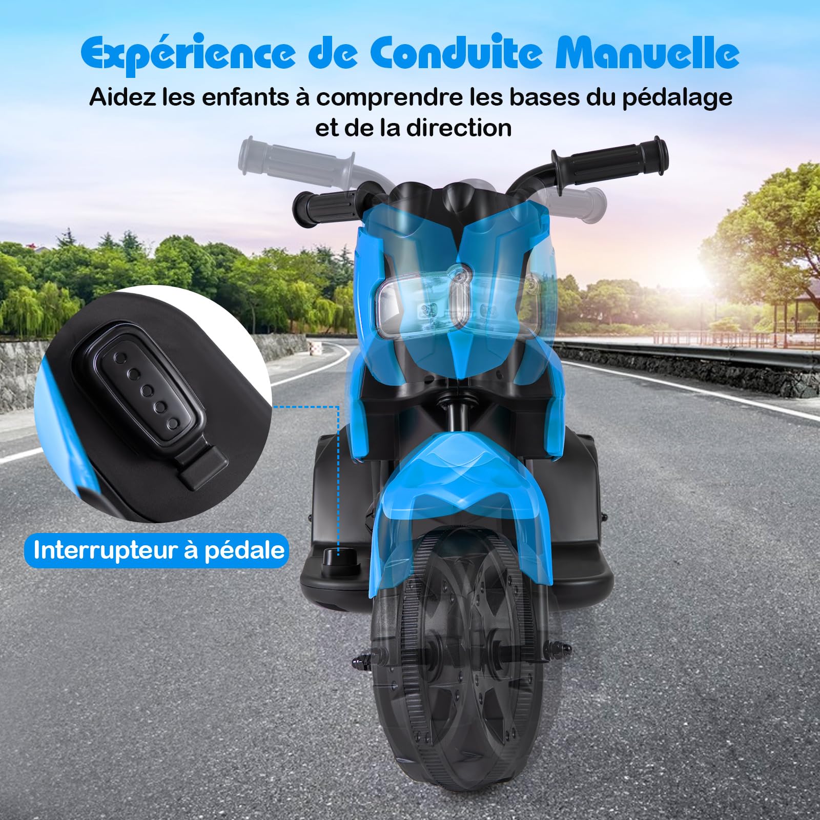 DREAMADE 6V Moto Électrique Enfants 3+ Ans, 69,5 x 32 x 47,5 CM, Charge Max.20 KG, Jouet Électrique à Batterie avec Phare LED et Pédale au Pied, Moto à 3 Roues pour Tout-Petits (Bleu)