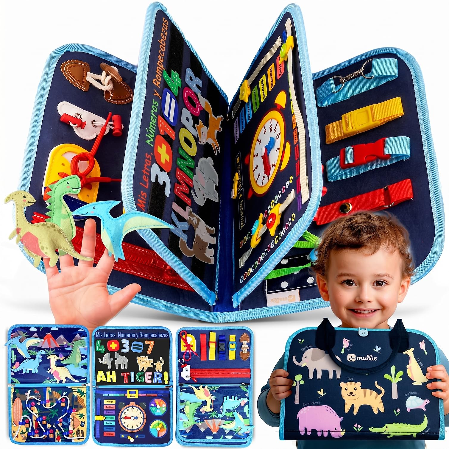 Mallie® Montessori Busy Board in Spanish for 1 2 3 Years with Role Play and Puppets – Busy Board, Montessori Book 1 Year, Busy Book, Sensory Book Baby 1 Year, Montessori Book 2 Years