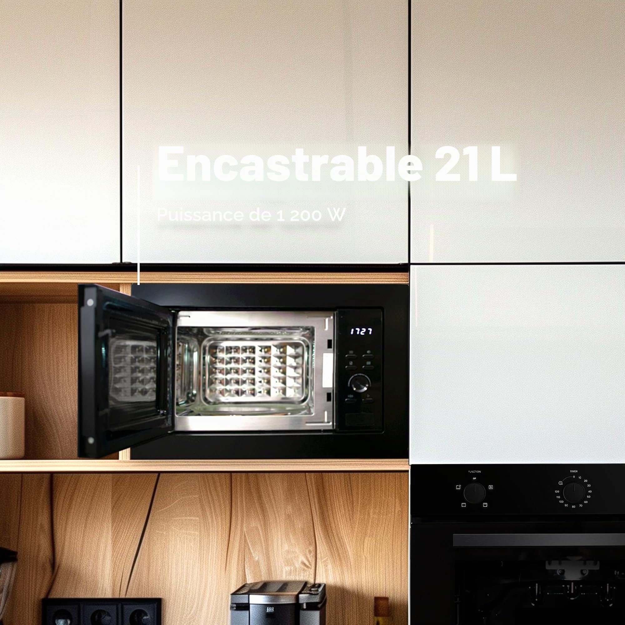 EVVO Micro-ondes intégré Mi30 Black, 21 l de capacité, grill 1000 W, porte et cadres effet brillant, multifonction, fonction décongélation, minuterie 60 minutes, affichage numérique (finition noire)