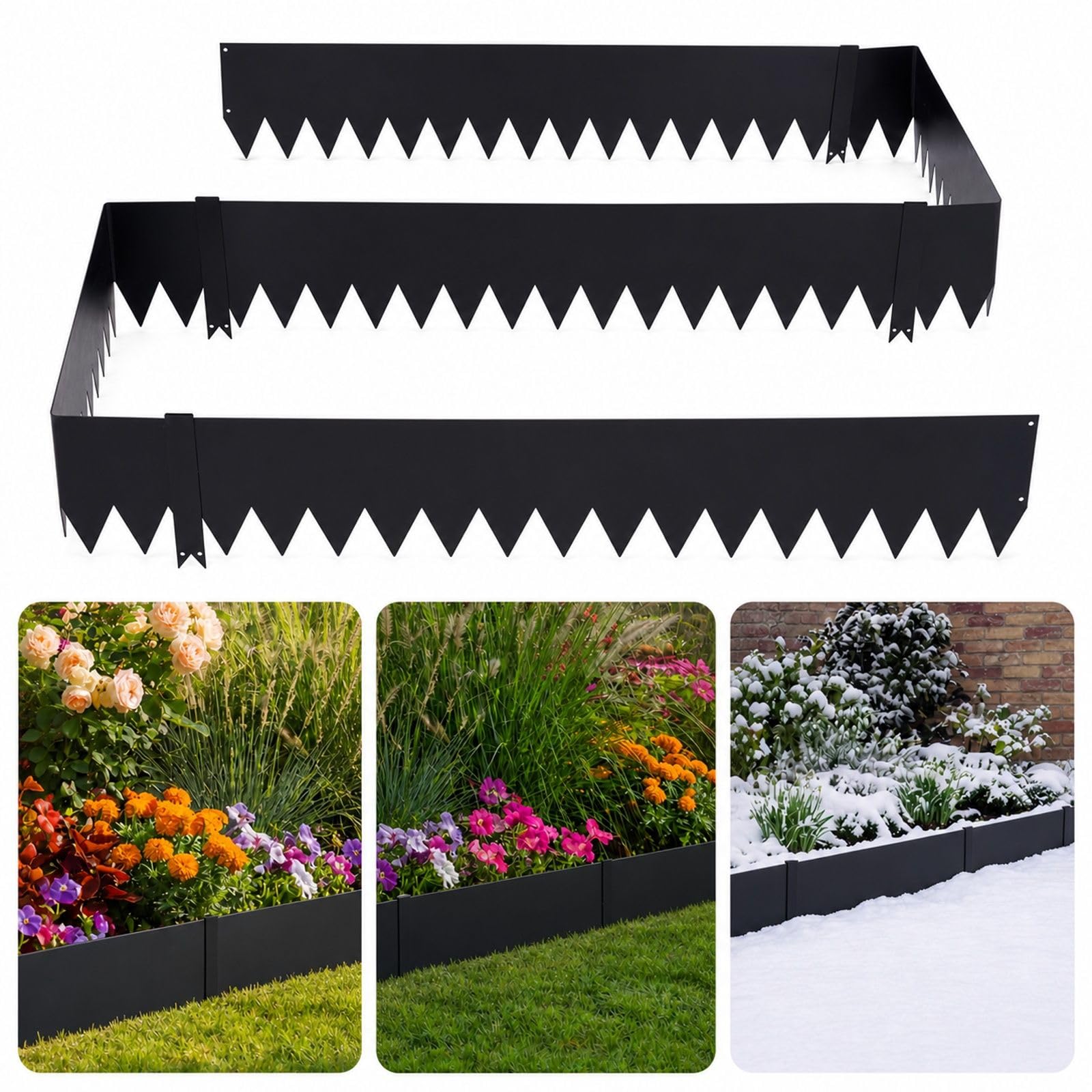 Bordure de Jardin en métal, Lot de 6, Acier galvanisé Noir, avec 8 Clips de Fixation, pour pelouse, massifs de Fleurs et allées