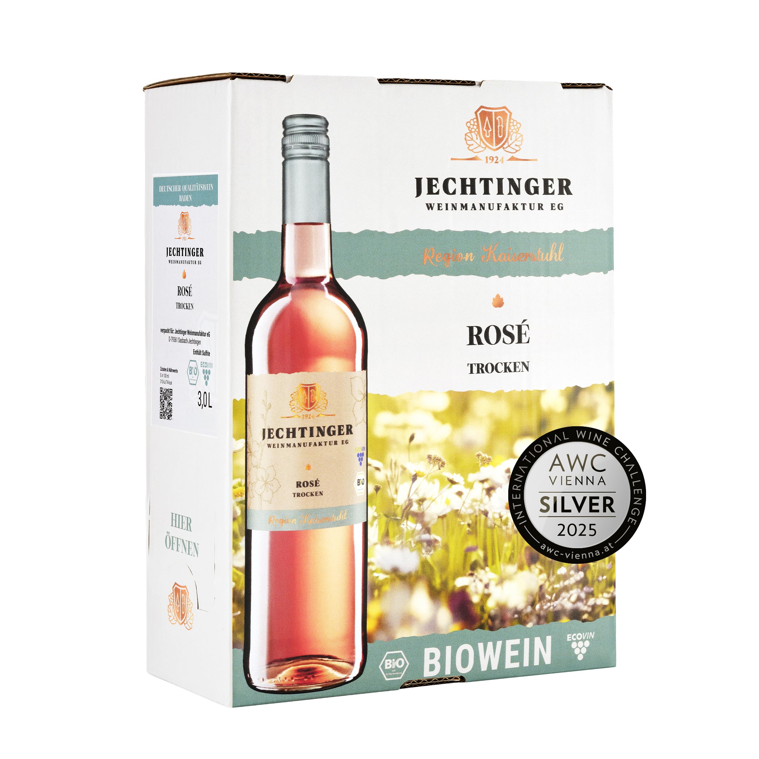 Jechtinger Bio Rosé trocken Wein-Box - SILBER 2025 AWC Vienna - Roséwein QbA trocken mit Aromen von Erdbeere & Himbeere - Bio-Wein aus Baden (1 x 3,0 l Bag-in-Box)