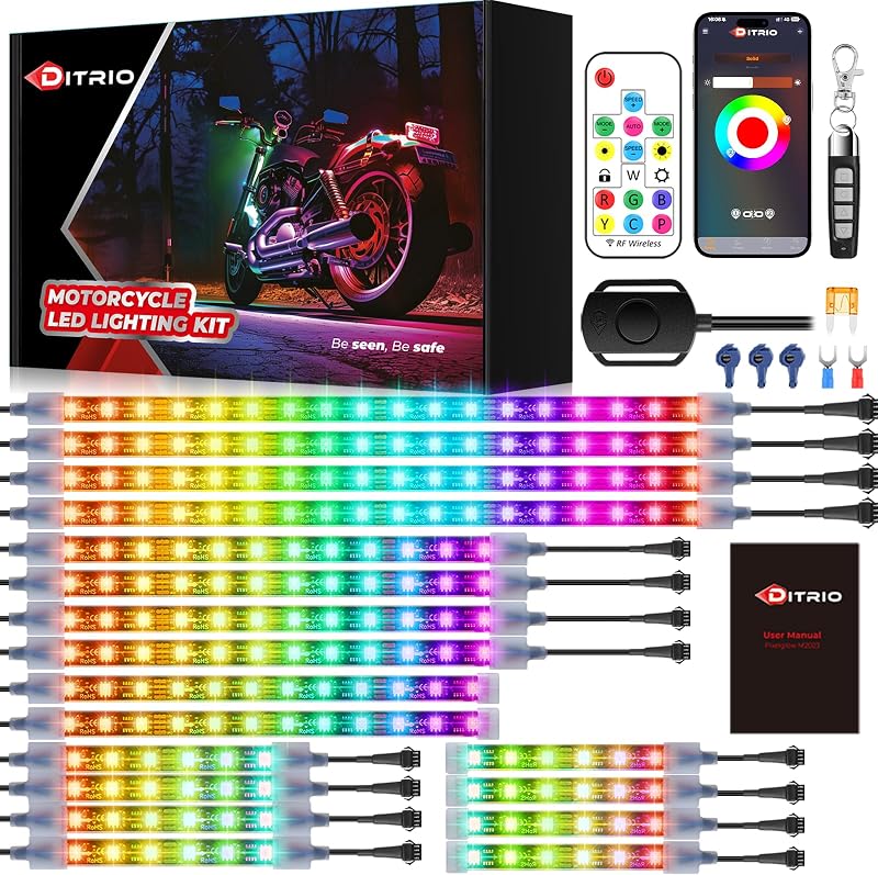 Kit de brillo inferior para motocicleta de 18 piezas con aplicación/control remoto, efecto Pixelglow | Luces RGB para motocicleta con señal de giro de freno, zona dual, zona dual impermeable de 12 V para motocicletas, carritos de golf, UTV, barcos