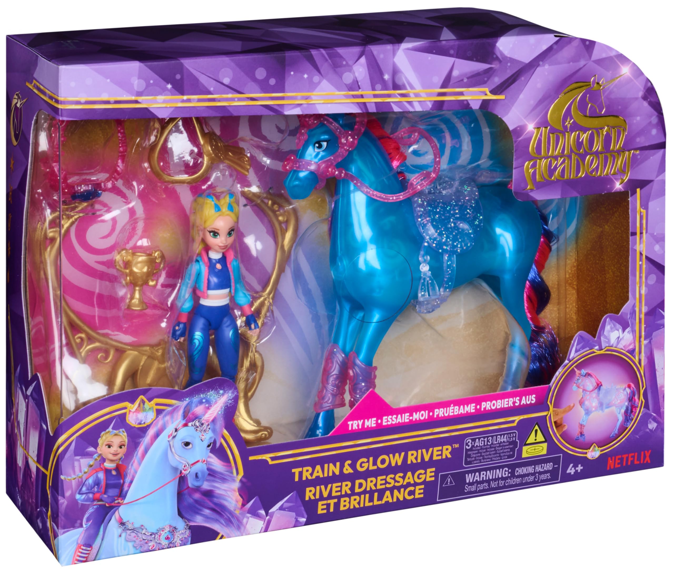 Unicorn Academy - Train and Glow River mit Isabel Set, ca 12 cm Originalfiguren zur Netflix Serie, mit Leuchtfunktion und Trainingszubehörteilen, für Kinder ab 4 Jahren