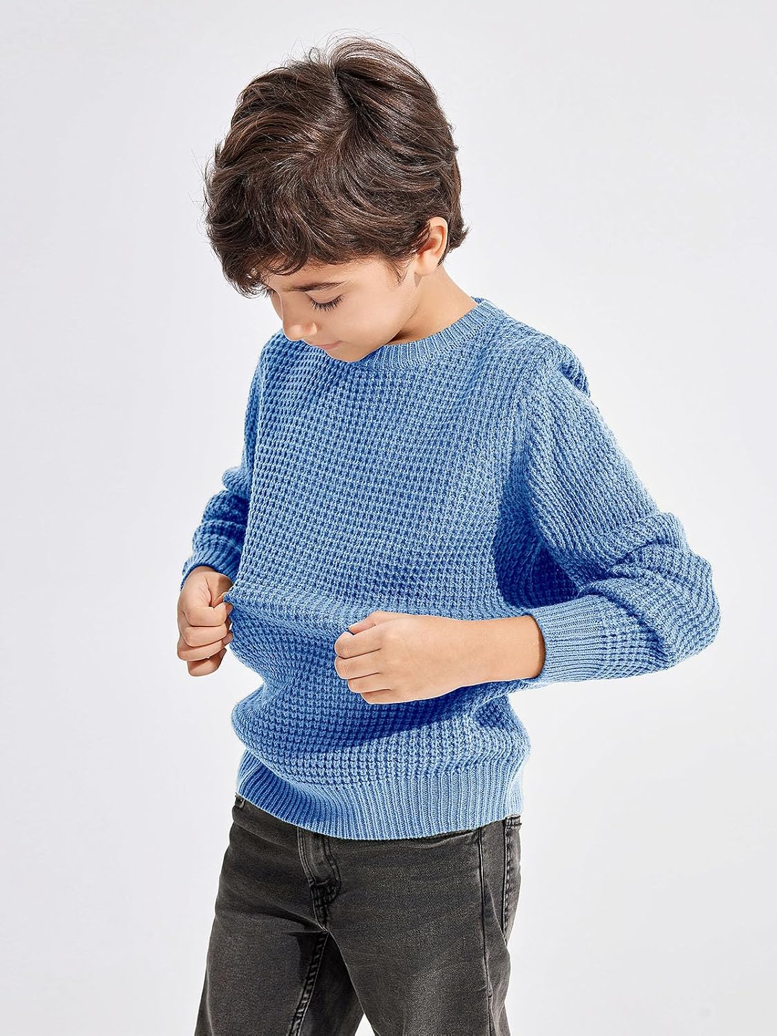 Haloumoning Boys Casual Pullover Sweaters Kids Chunky Crewneck Waffle Knit Jumper Tops 4-14 Years