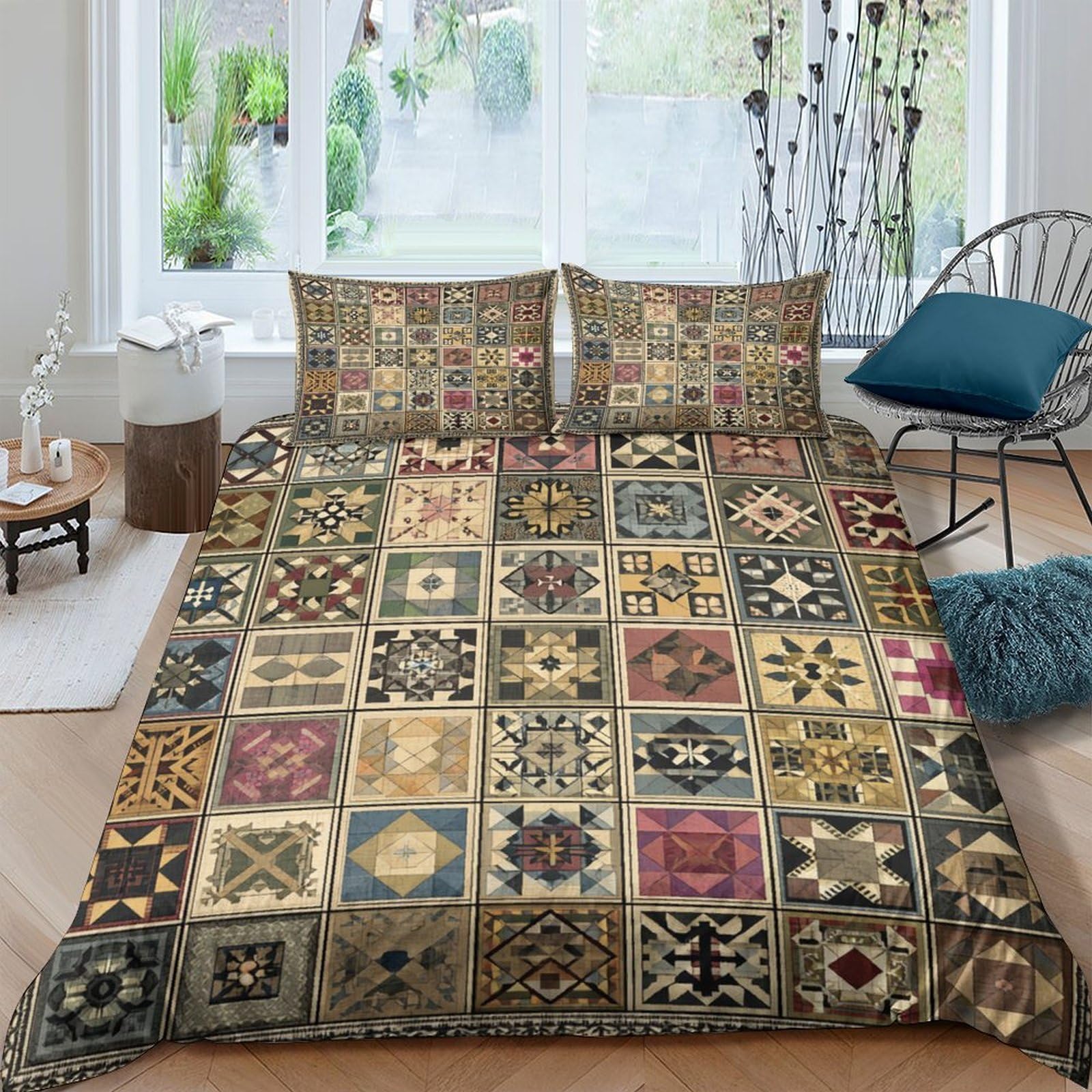 GPLZQXKJNH 3D Printed Boho Patchwork Duvet Cover Microfiber Soft Breathable Vintage Geometric Bedding Set with 2 Pillowcases for Bedroom Decor Single（135x200cm）