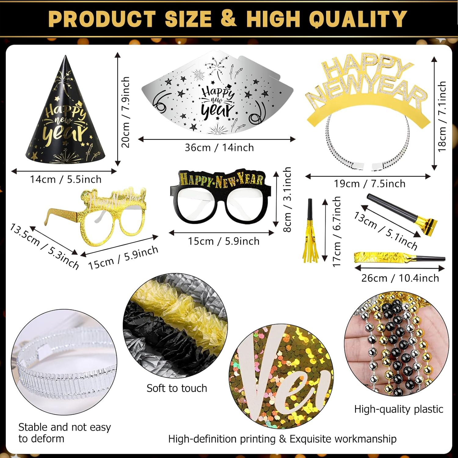New Years Eve Party Supplies 2026 for 12 Guests,72pcs Happy New Year Party Accessories Kit Including Hats,headband,Glasses,Noise Makers,Necklaces,Leis, Black Gold Silver NYE Decoration Party Favors - Image 3