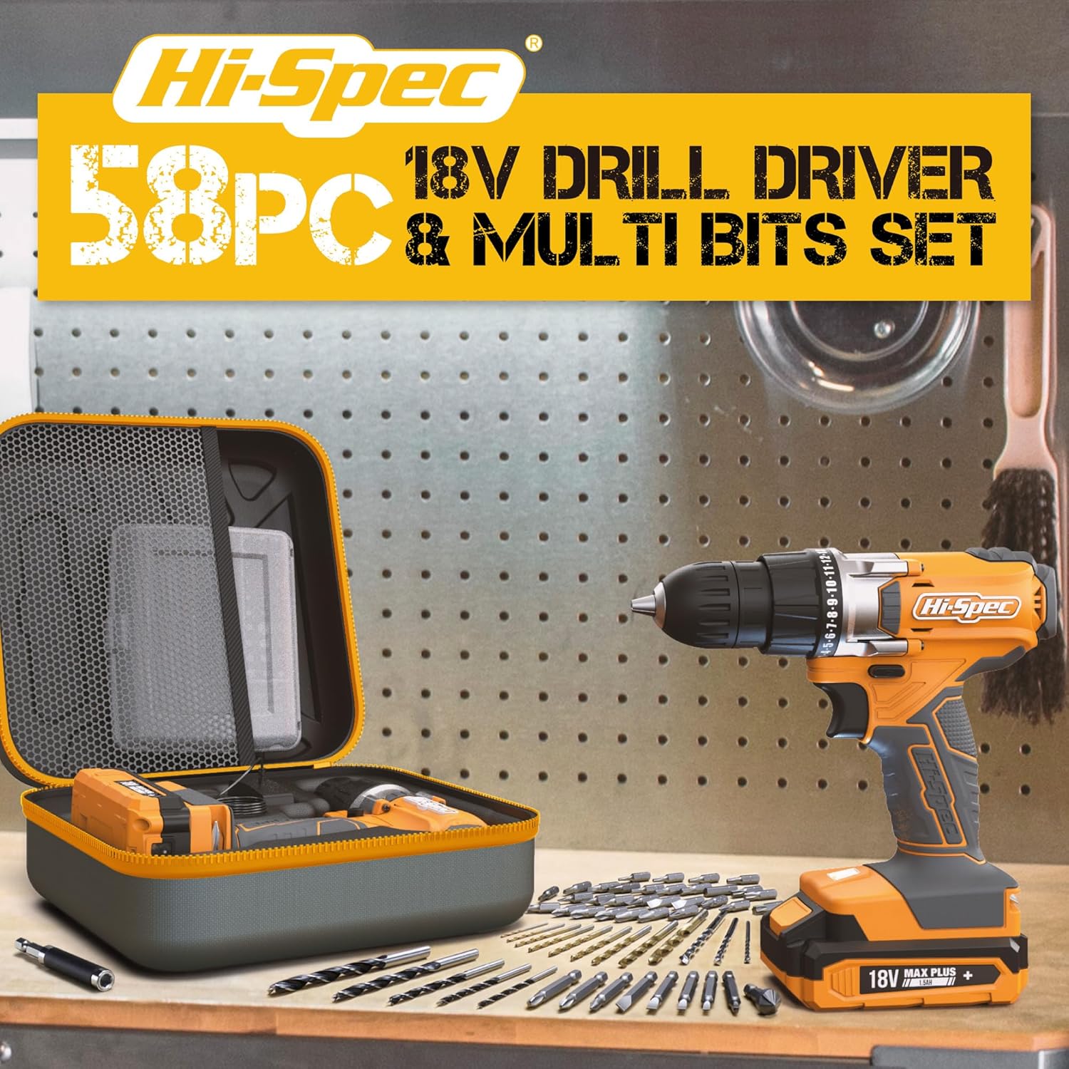 Hi-Spec 58 Piece 18V Cordless Drill Driver & S2 Steel Bit Set in a Zipper Case. Electric Power Screwdriver & Drilling DIY Tool for Metal, Wood & Masonry in the Home, Garage & Workshop