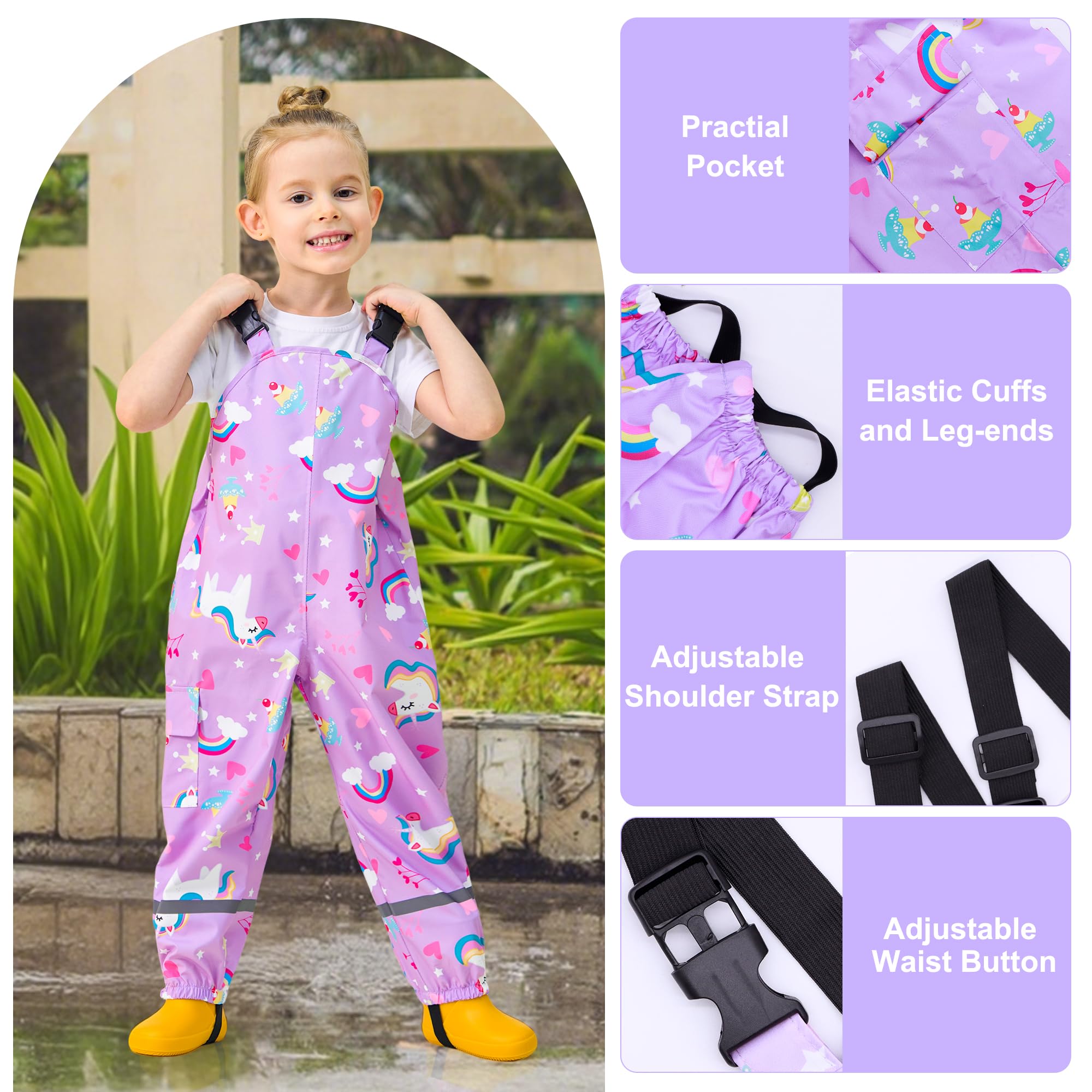 Salopette de Pluie Imperméable pour Enfants, Garçons Fille Non doublée Pantalon Coupe-Vent et imperméable Pluie, Tout-Petits Anti-Boue Léger Pantalon avec Réfléchissant pour 2-7 Ans