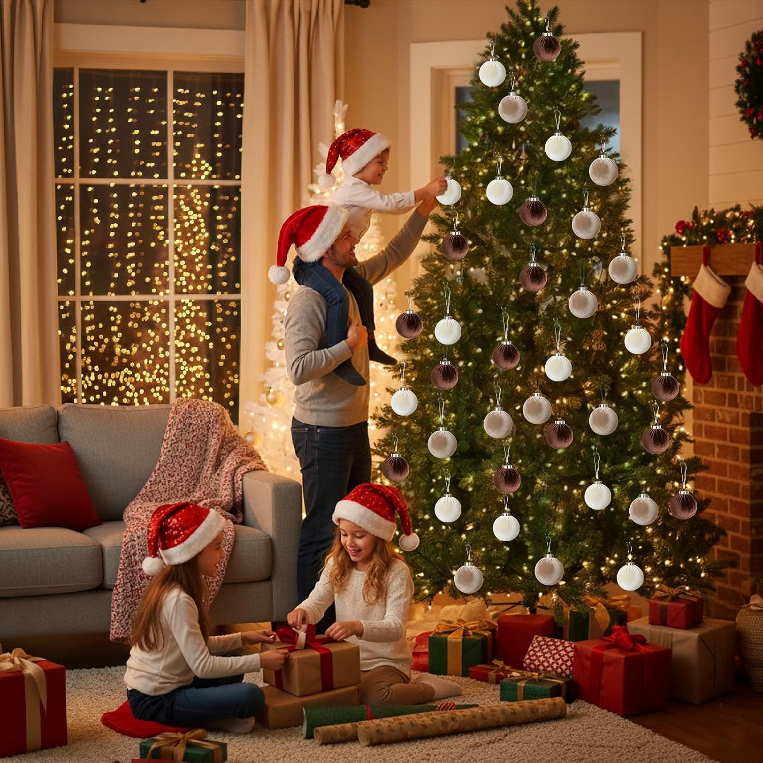 15 PCS Christmas Tree Ornaments Velvet Balls, 3.15 Inch Large Christmas Tree Ball Ornaments Set, Shatterproof Plastic Hanging Bulbs for Xmas Tree Home Decorations - Multicolor Brown White Neutral