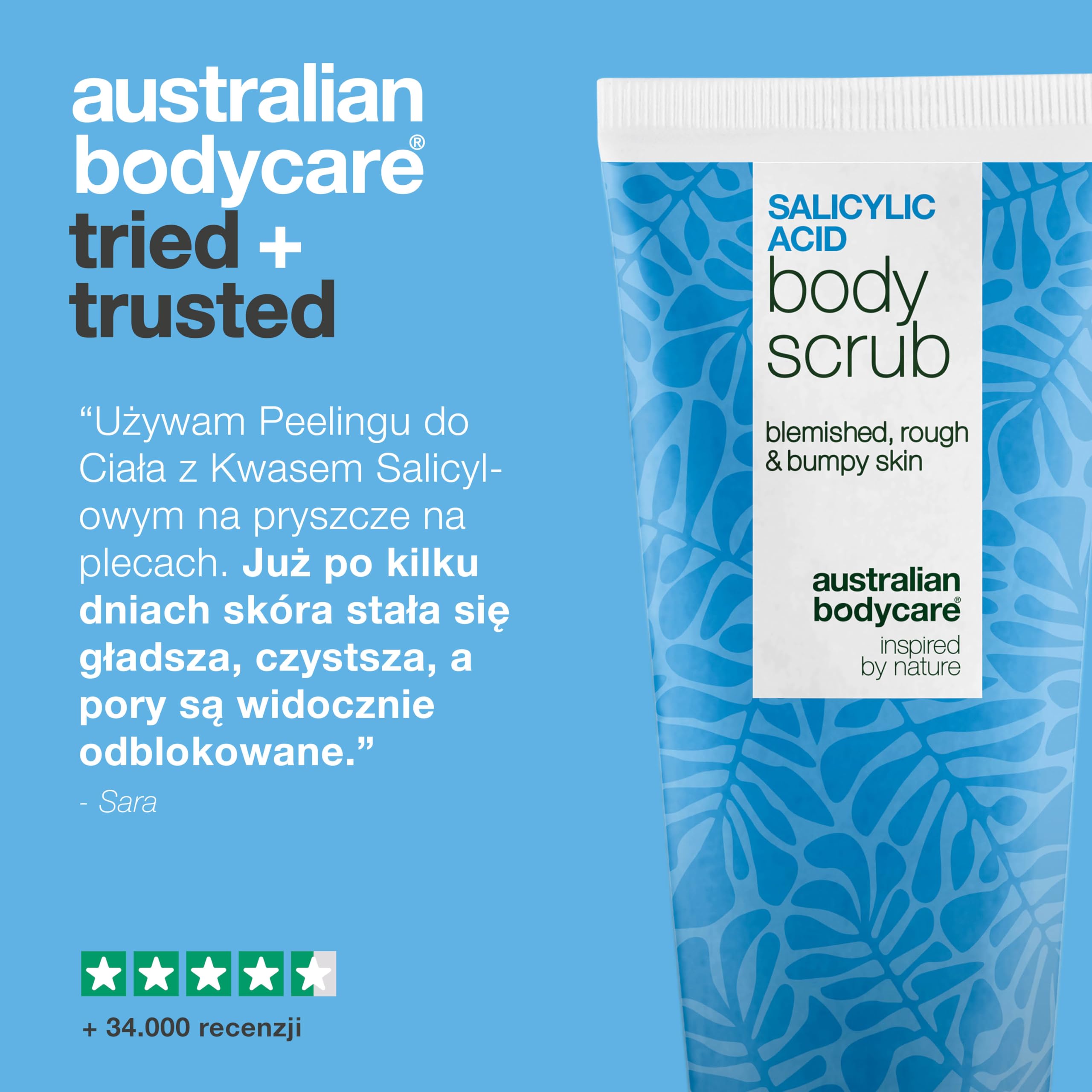 Peeling do ciała z kwasem salicylowym na trądzik, zaskórniki i niedoskonałości na plecach, pośladkach i ciele – usuwa martwy naskórek dzięki kwasom salicylowym (BHA) i glikolowym (AHA) oraz gliceryną