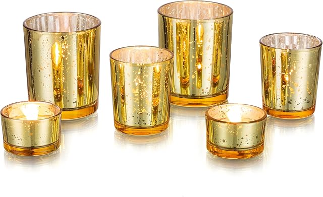 Glasseam Tealight Votive Glass Candle Holders, 6Pcs/2Sets Mercury Gold Tea Light Holders, Christmas Floating Candles & Holders for Dinning Table, Wedding Centrepiece Living Room Dinner Decorations