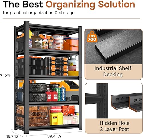 Miniatura 2 de Estantería de garaje de 72 pulgadas de alto, estantería de 5 niveles, estantes de almacenamiento de metal ajustables de 3500 libras resistentes para