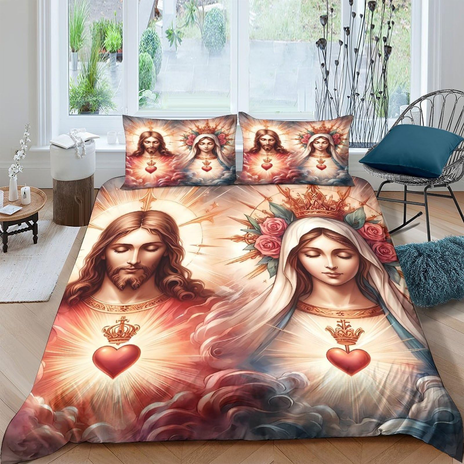 Ctjqhvkz Style-10 3D Printed Sacred Heart Jesus Fitted Sheet Microfiber Soft Slip-Resistant Virgin Mary Bed Cover For Bedroom Guest Room Decor Single（135X200cm）