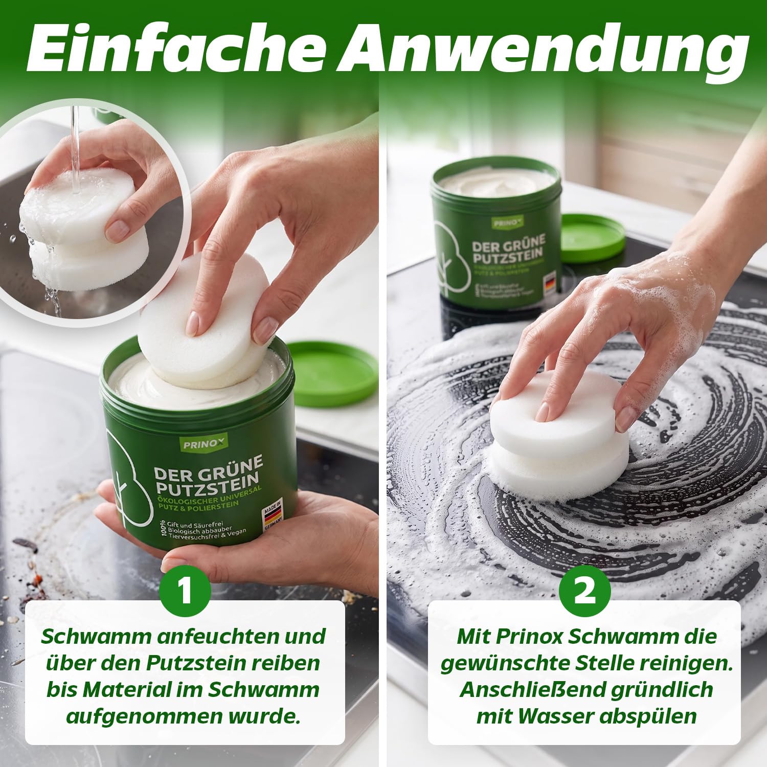 PRINOX Der Grüne Putzstein I 950g inkl. Handschwamm I Nachhaltiger Universal Allzweckreiniger I Jahresvorrat je Dose I Öko Reiniger für Küche, Bad, Fenster, Sneaker, Ceranfeld, WC I Made in DE