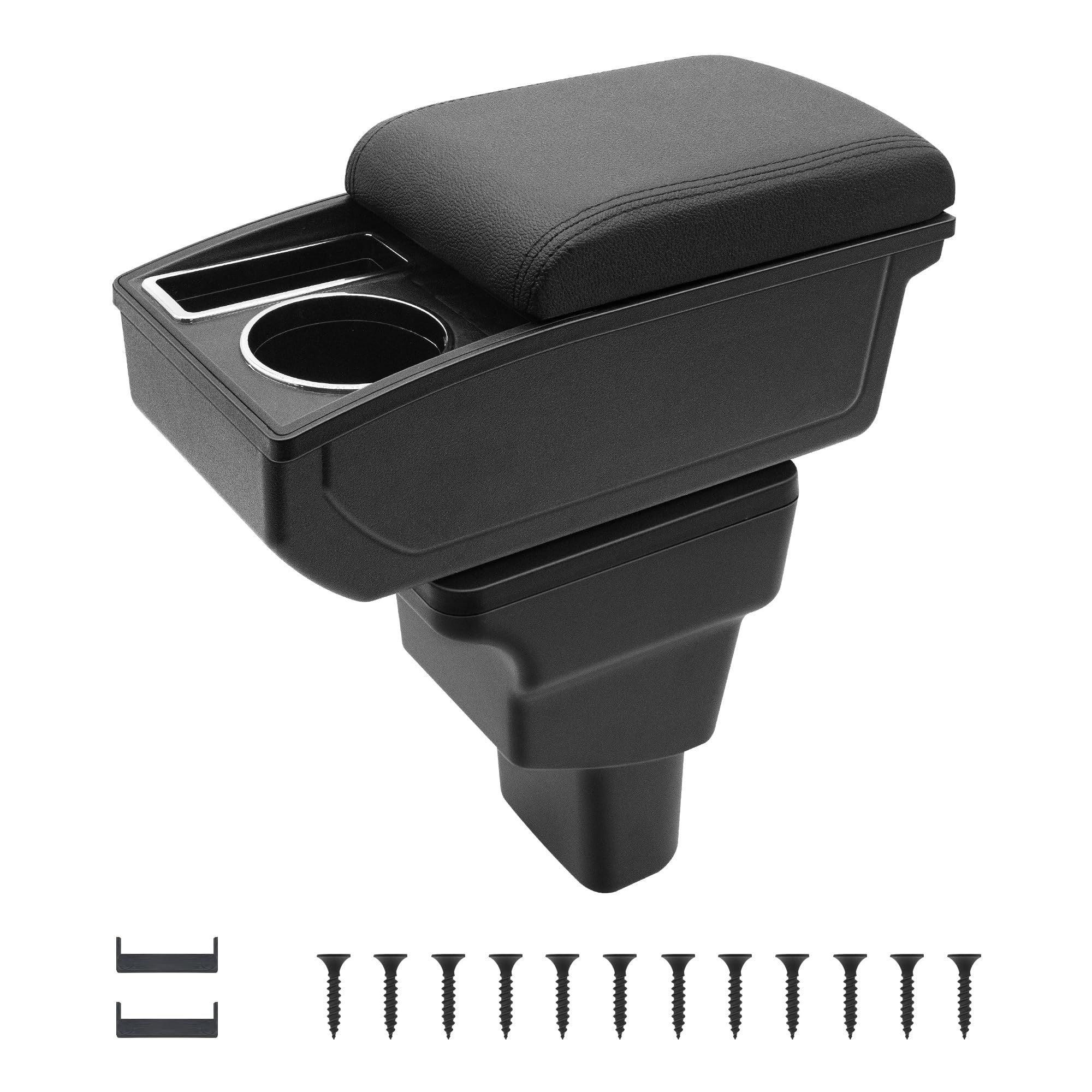 Bracciolo per Auto per Hyundai i10 2007-2019 Console Centrale Dell'auto Doppio Strato di Spazio con Portabicchieri Facile da Montare Pelle Confortevole e Resistente Nero (Linea Nera)