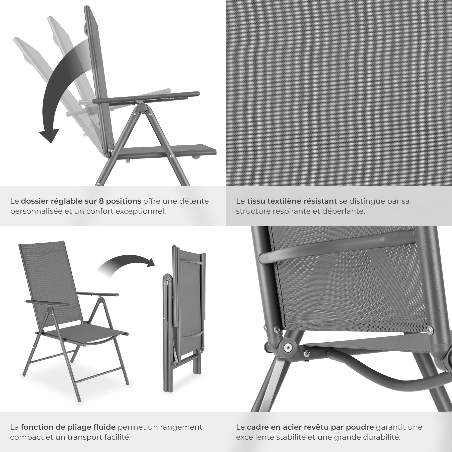 tectake® Chaise de Jardin Pliable 54,5x65x107,5 cm, Lot de 2, Dossier inclinable 8 Positions, Tissu Textilène, Résistantes intempéries et UV, Chaise extérieure, Fauteuil de Jardin, Gris Anthracite