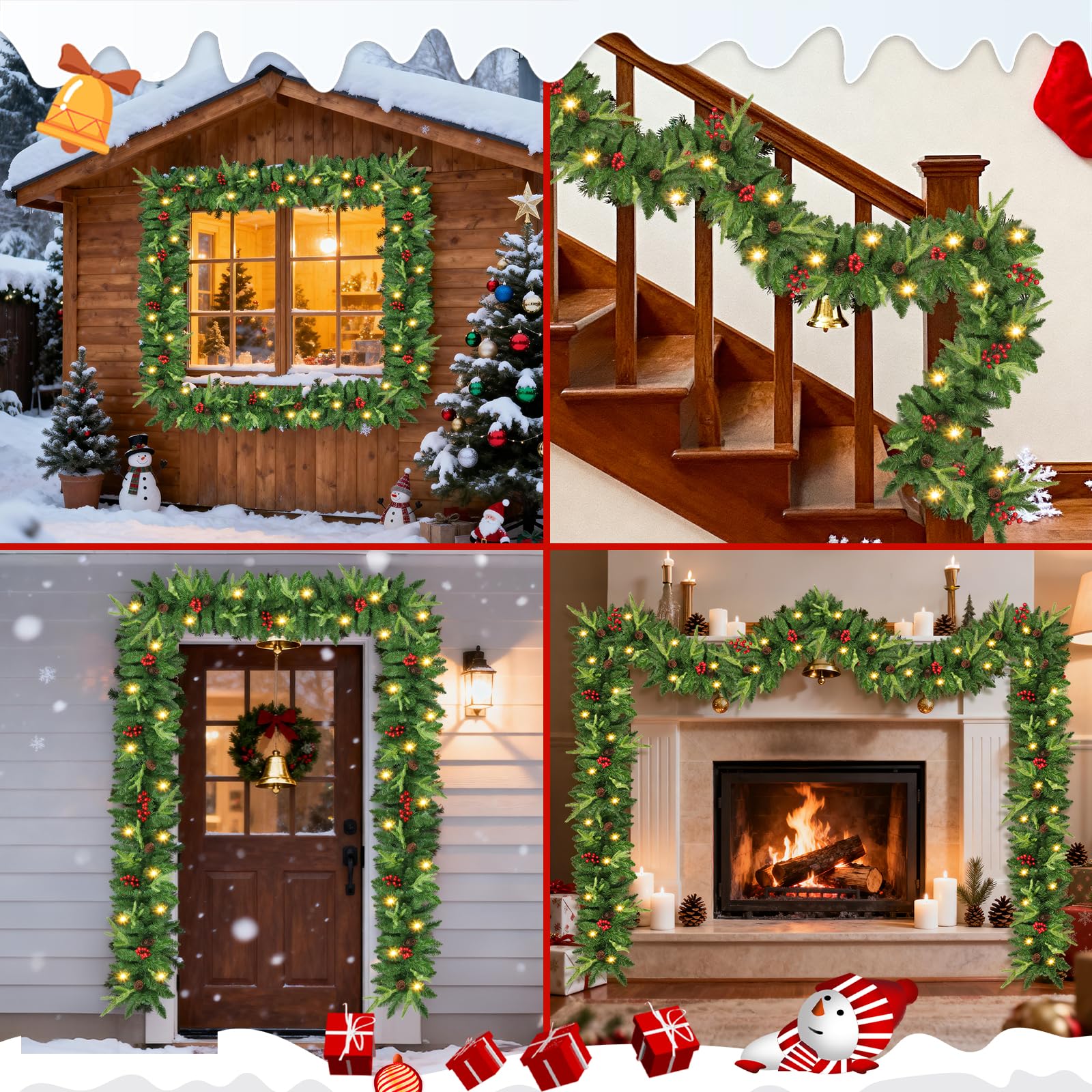 Guirlande de Noël 2,7 M, Rintea Guirlande Sapin Artificiel avec Lumières 30 LED, Étanche Couronne de Noel, Decoration de Noël pour Jardin Mur Cheminée Escalier Sapin de Noel
