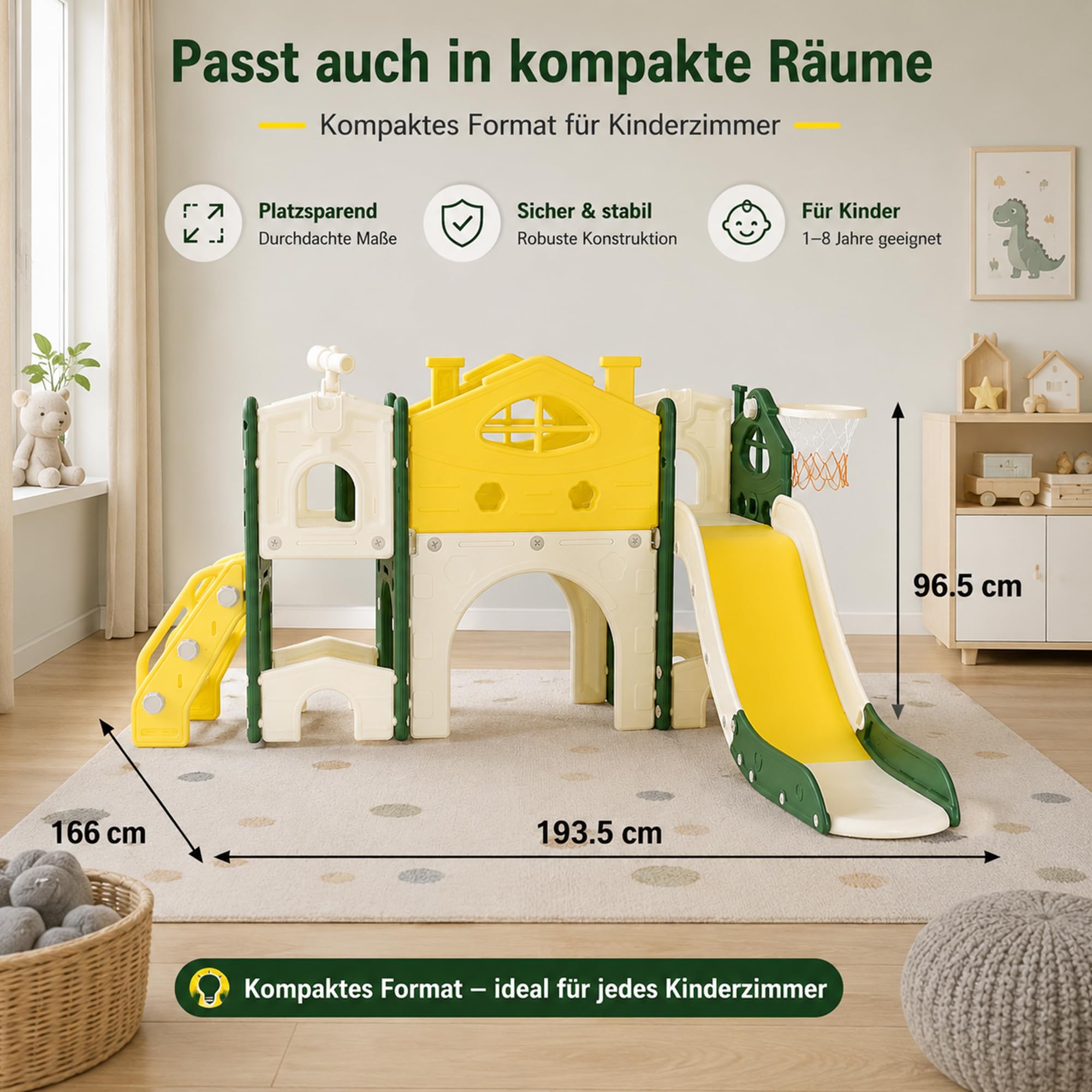 DULRLLY 5 in 1 Kinder Rutsche Indoor Outdoor, Rutschhaus mit Klettergerüst, Basketballkorb Und Tunnel, Schaukel und Treppe, Montessori Kinderspielplatz Wohnzimmer & Kinderzimmer ab 1–6 Jahre