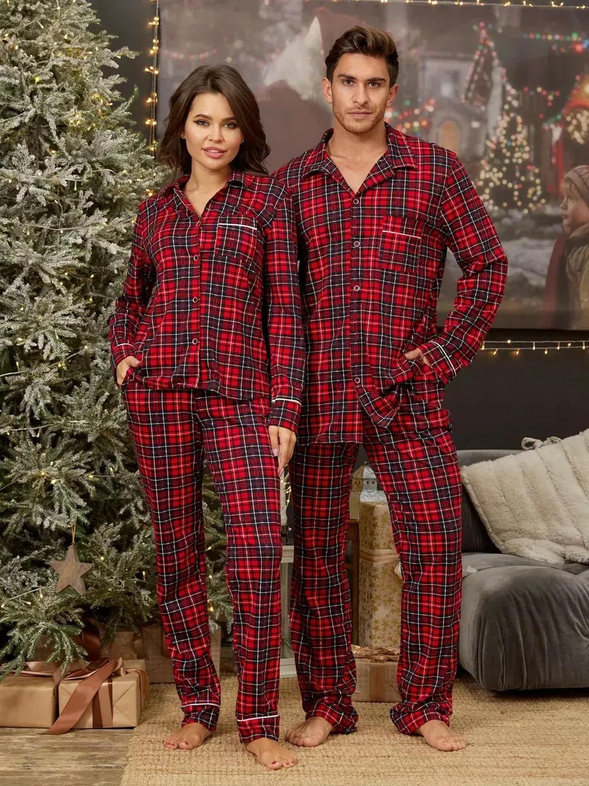Pijamas Conjunto Pantalones De Manga Larga Pajamas Juego Pijama A Cuadros Ropa Casa-Verde-s