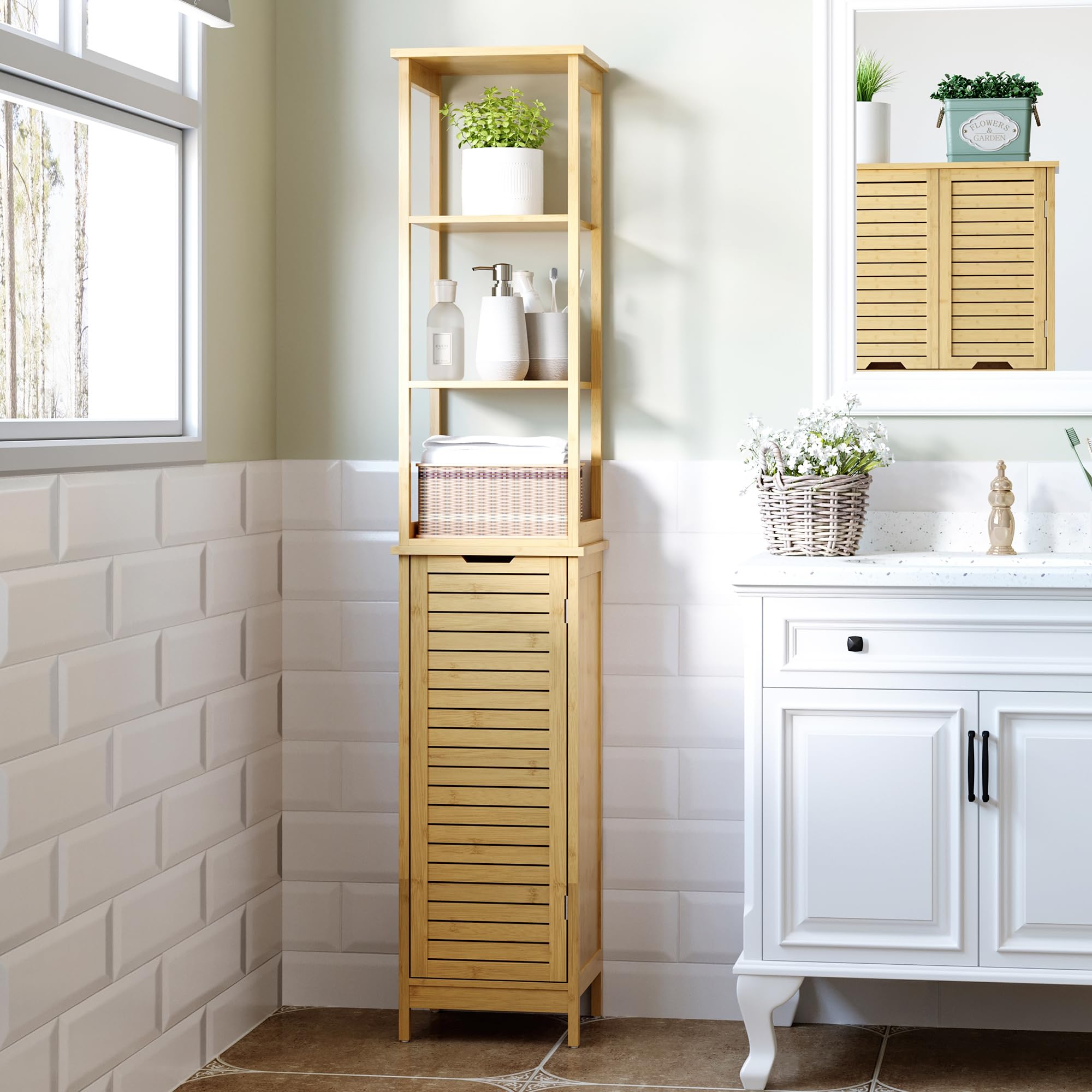 kleankin Badezimmerschrank Badschrank 3 Offene Fächer 34x30x173 cm Natur