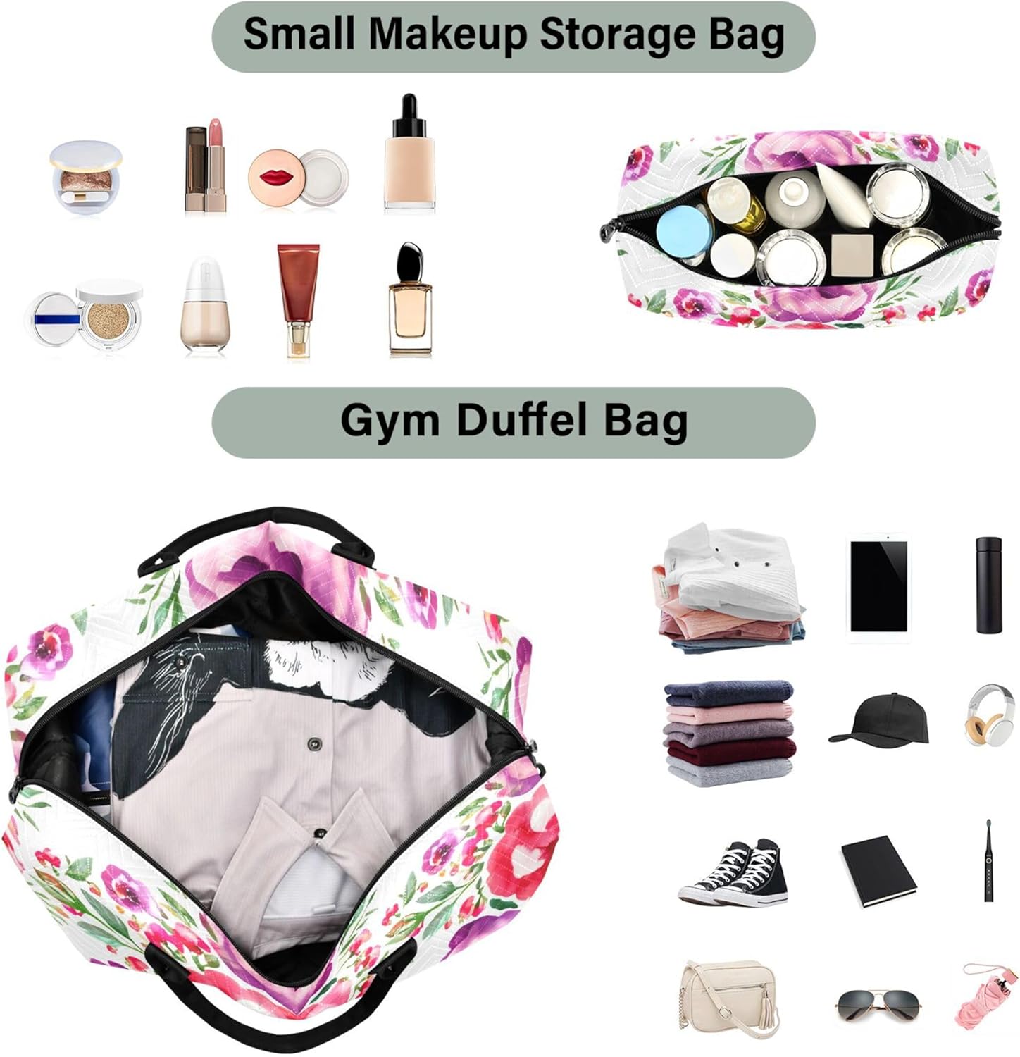 水彩画 花 ピンク パープル ダッフルバッグ 旅行&amp;メイクアップポーチセット プリント ウィークエンダー ダッフル ジム ダ