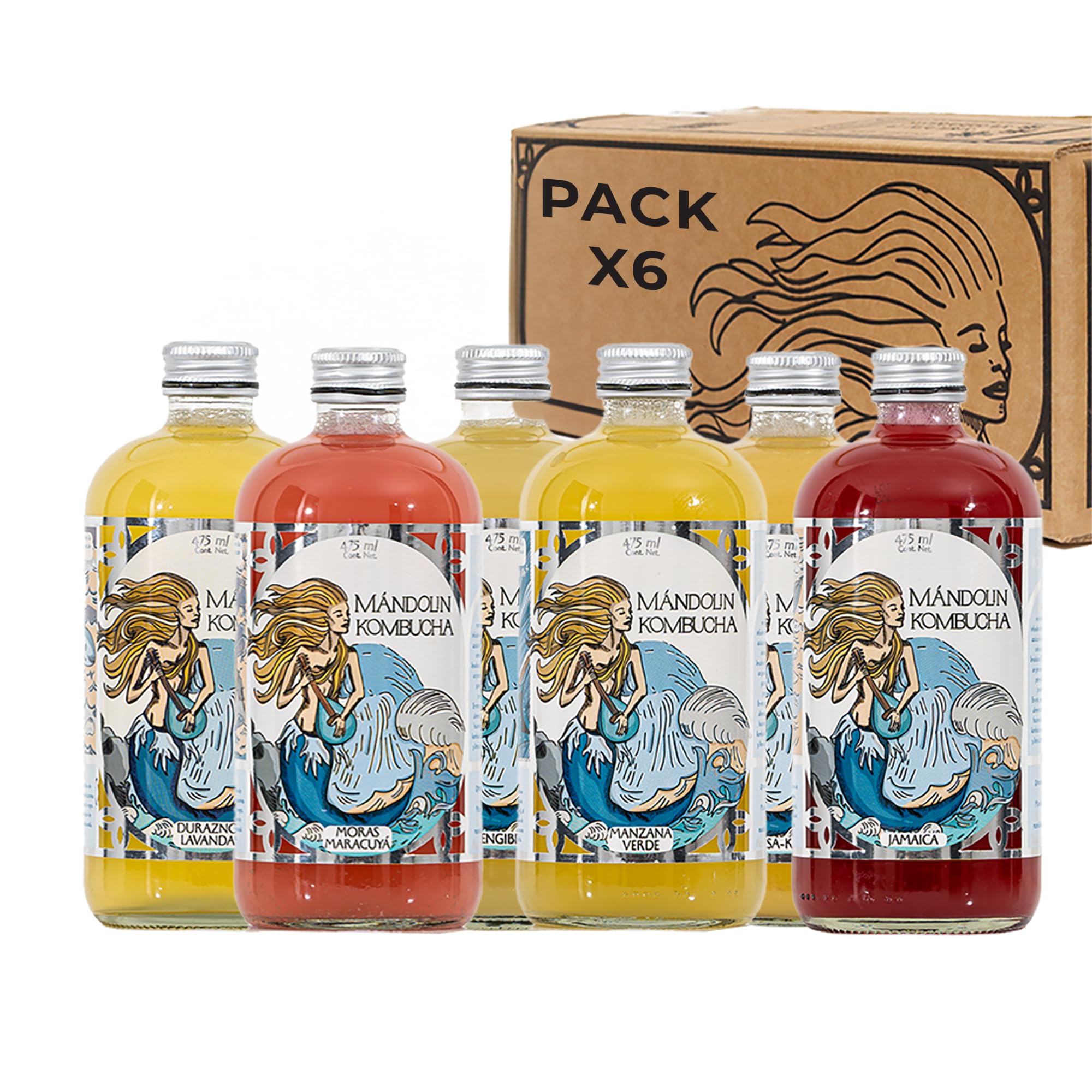 MÁNDOLIN Kombucha Té Fermentado 475ml | Surtido de Sabores Premium: Té Verde y Negro | Bajo en Azúcar, Vegano, Gluten Free | Pack de 6 Sabores Refrescantes - 6 PACK