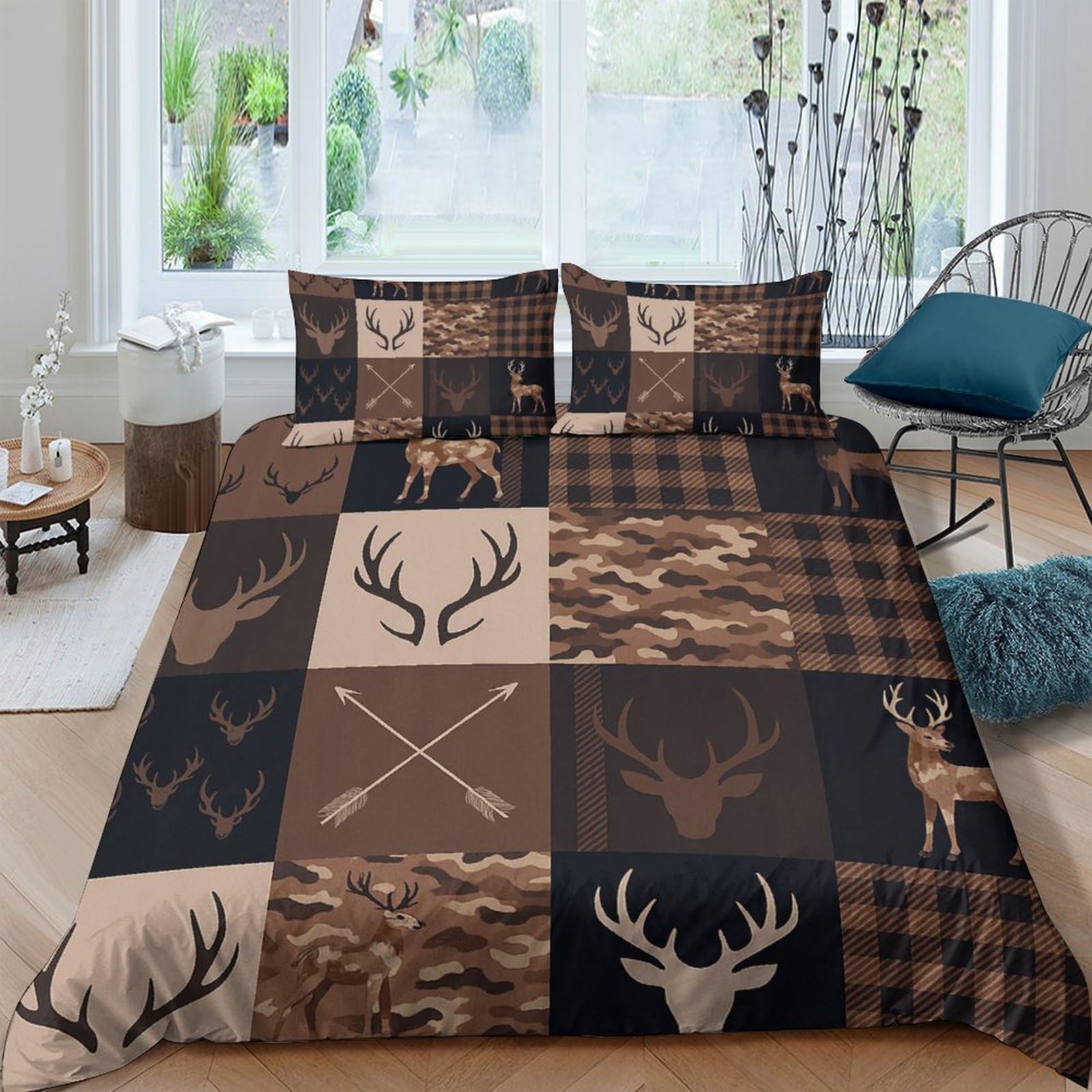 Ctjqhvkz Style-10 3D Printed Plaid Deer Fitted Sheet Microfiber Soft Brown Forest Antler Bed Cover For Bedroom Guest Room Decor Single（135X200cm）