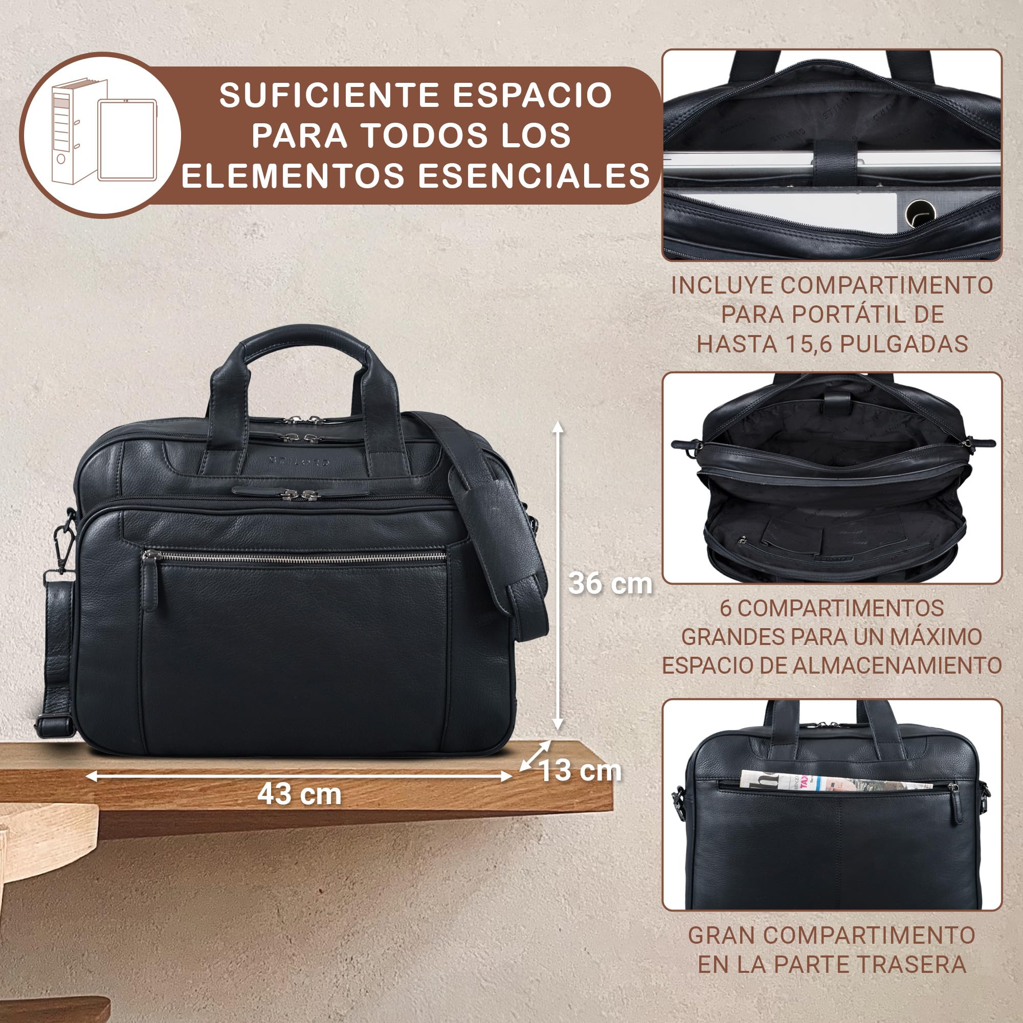 STILORD Maletín de Cuero para Hombre Cognac - Gran Bolso para Portátil de 15,6 Pulgadas - Bolso de Hombro Vintage de Cuero de Vaca Nelson