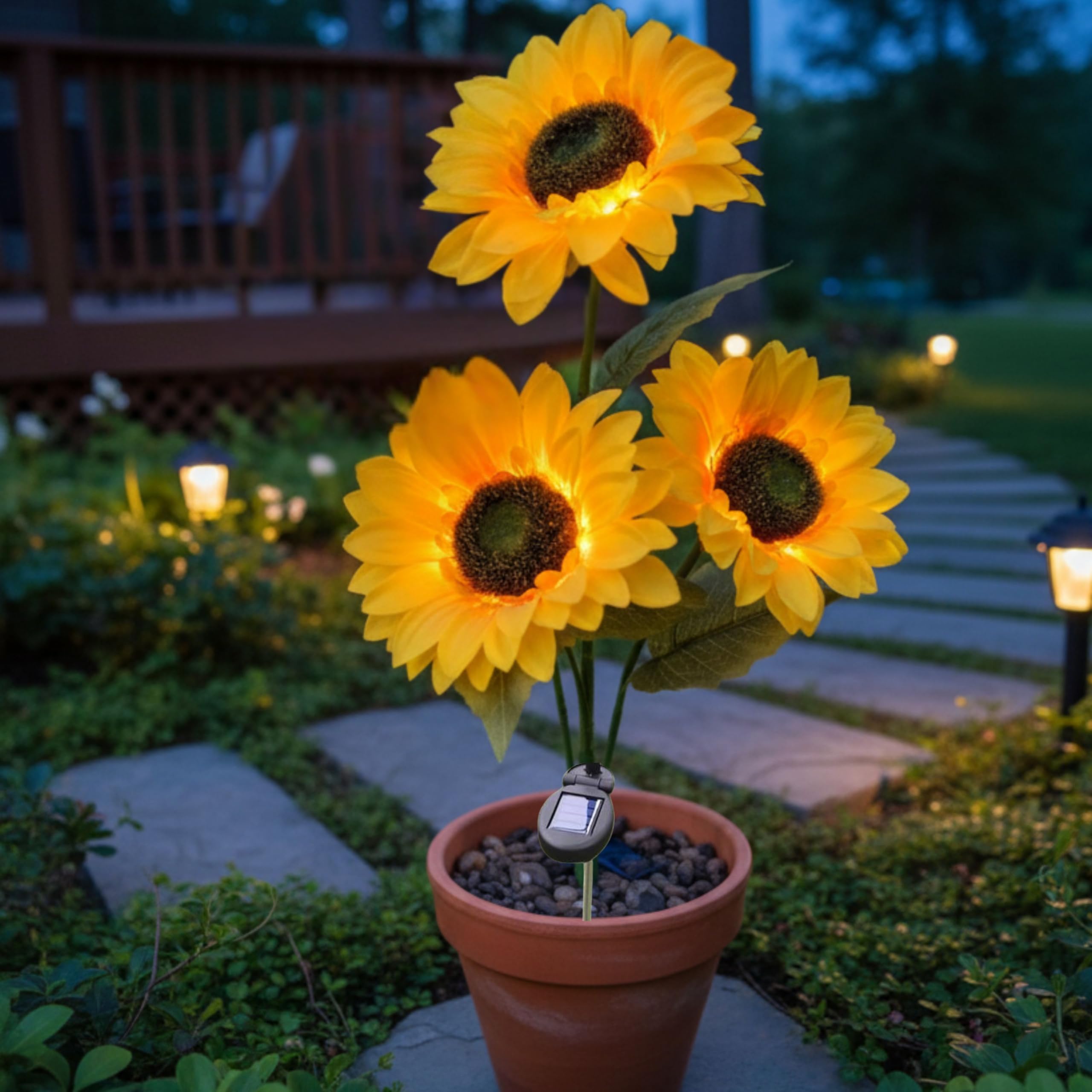 Solar Light Outdoor Garden Waterproof 30 Led 3 Sunflowers in One Plant Decoration Lamp for Outdoor, Landscape, Pathway, Balcony & Home Decor Automatic On/Off, (ABS, Pack of 1)